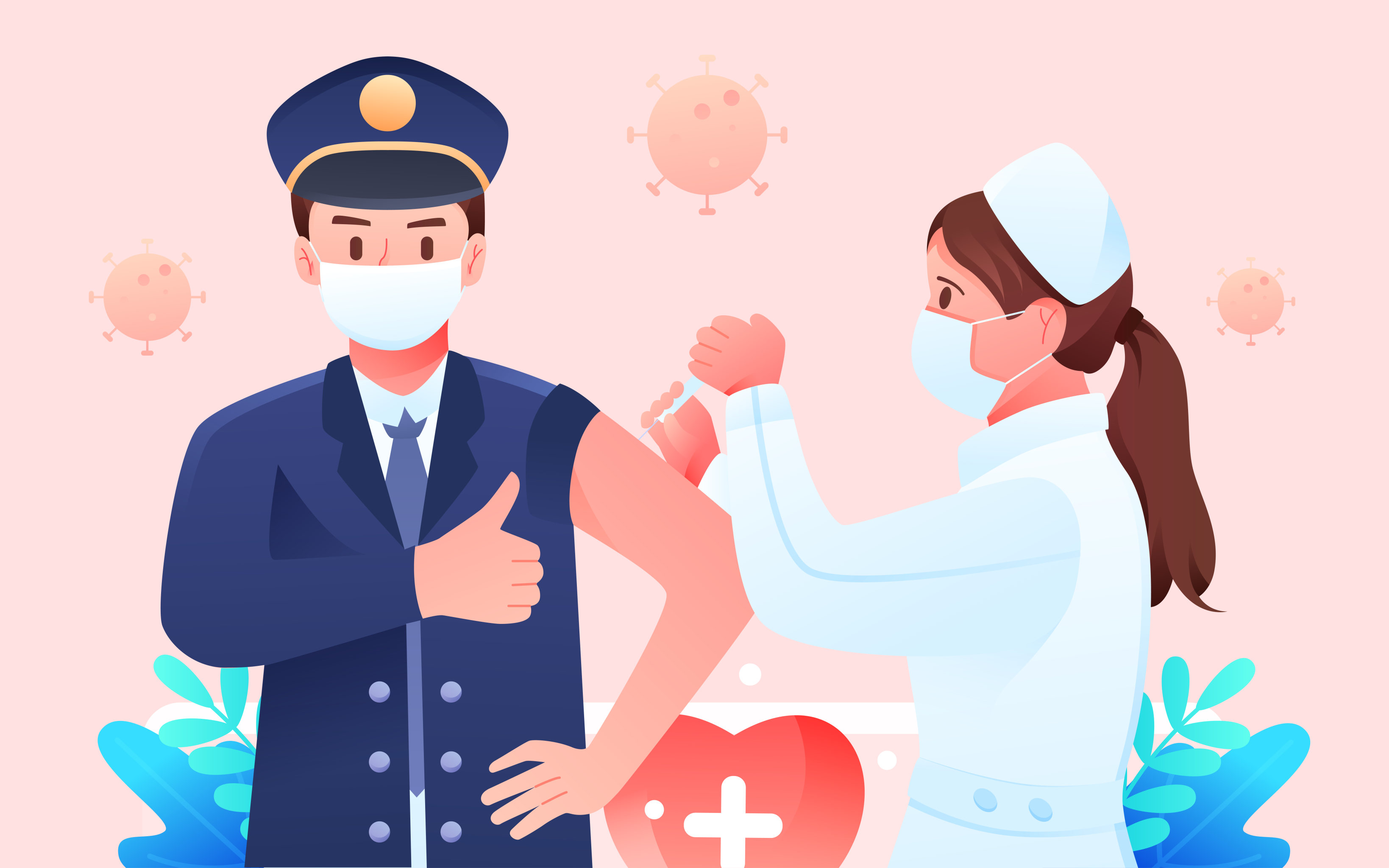 警察疫情接种新冠疫苗保障医疗健康矢量插图