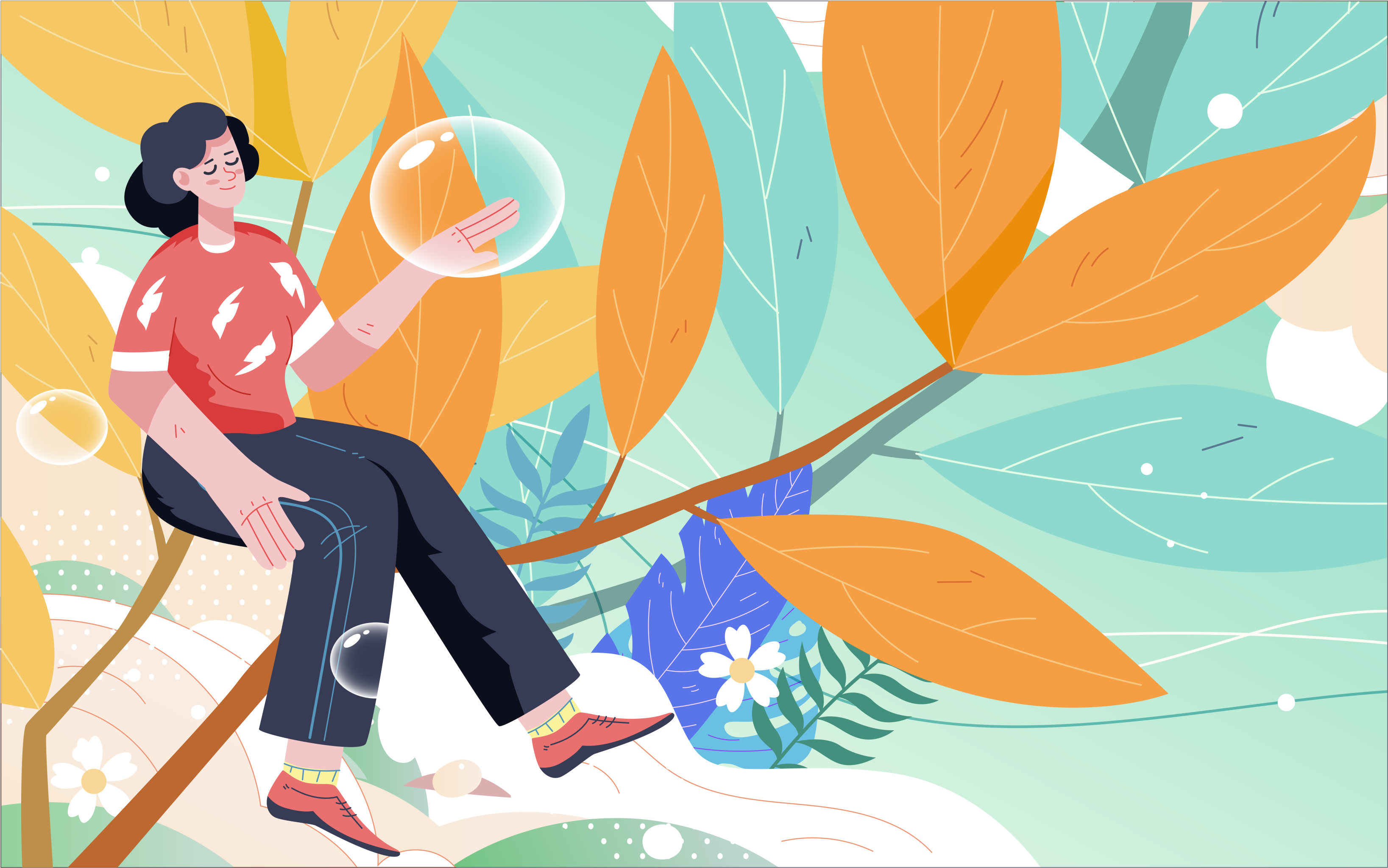 白露节气海报人物下雨天出游自然风景插画