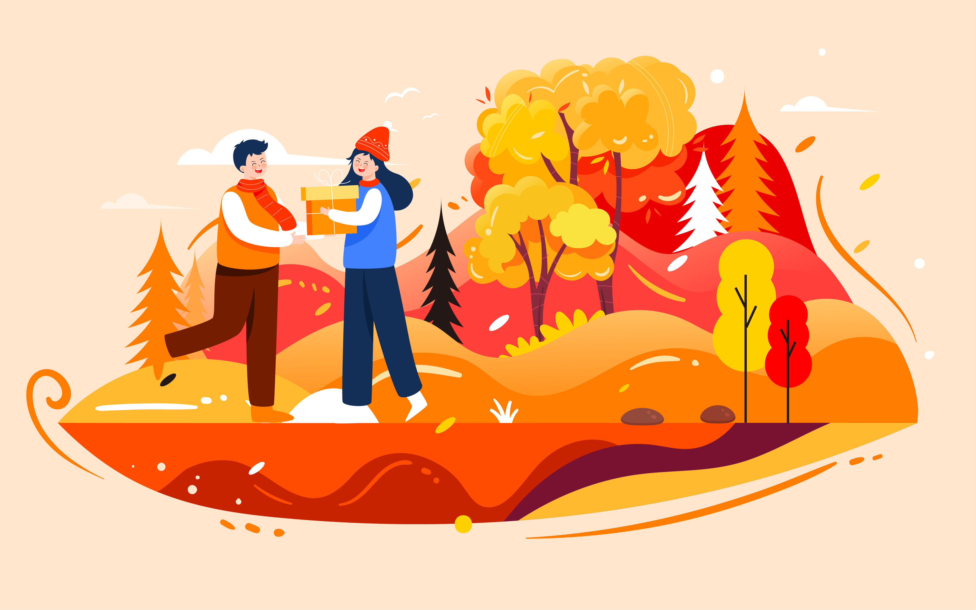 秋天情侣人物户外活动插画秋季旅行郊游海报