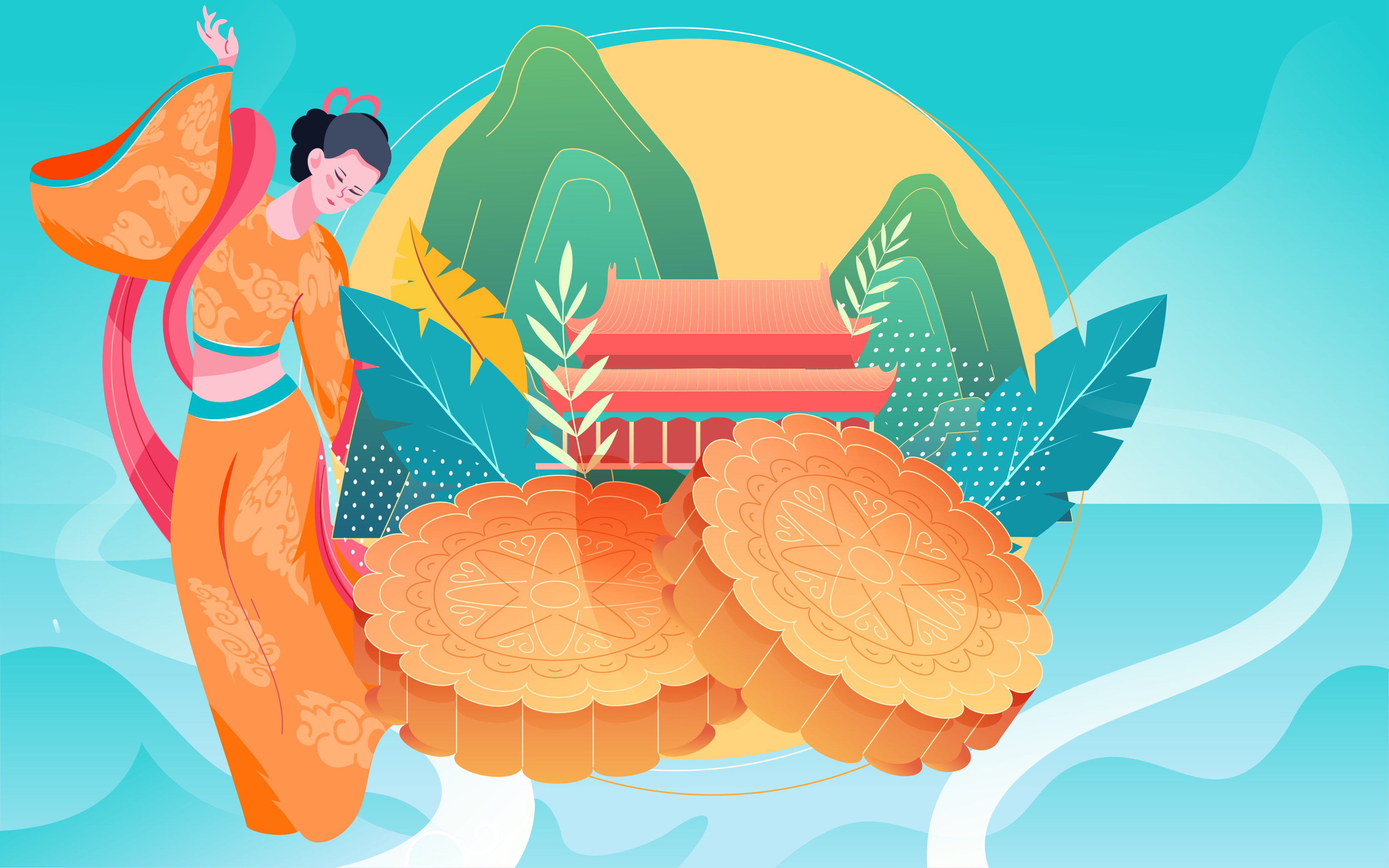 中秋佳节海报中国传统节日嫦娥奔月团圆插画