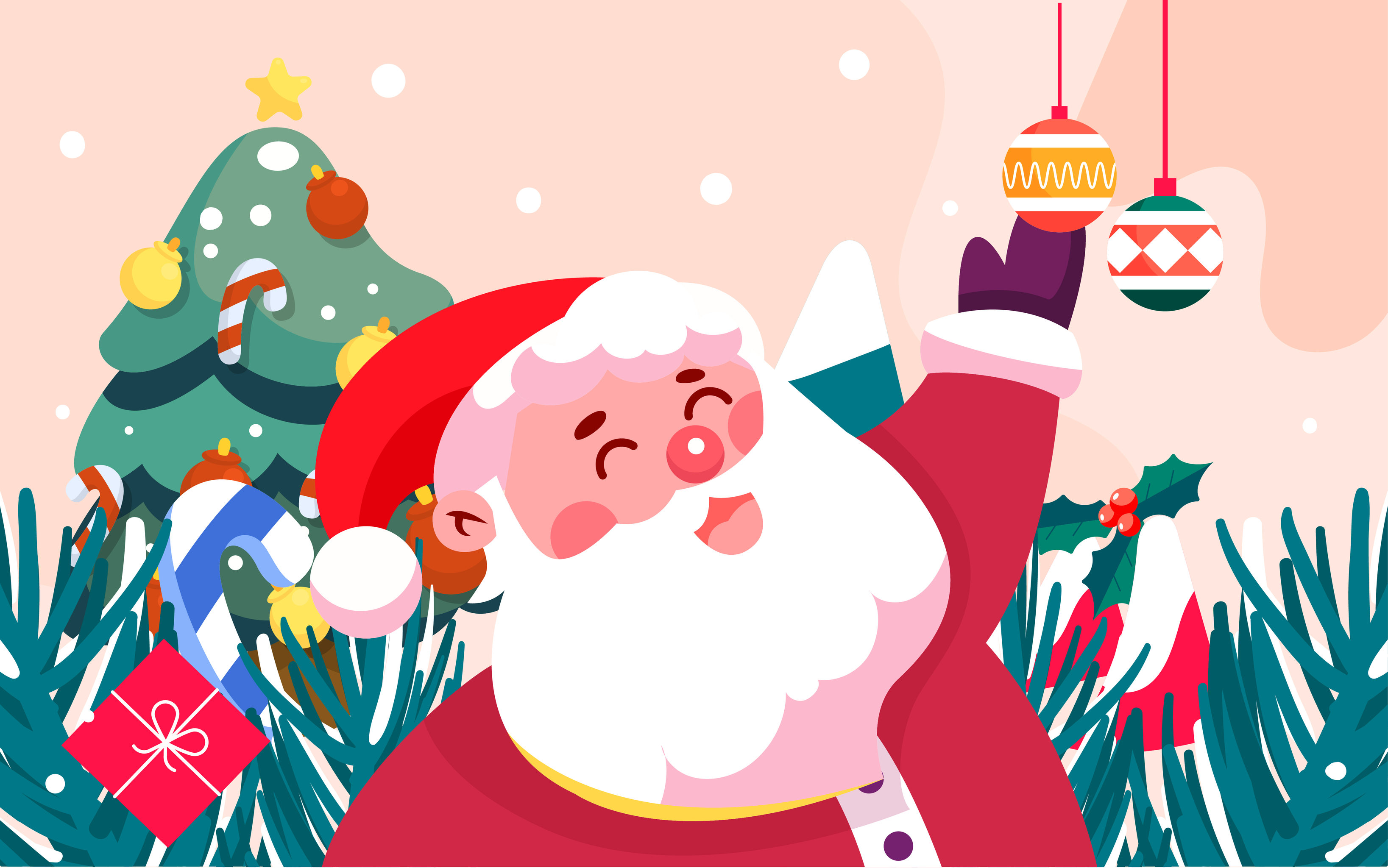 圣诞节圣诞老人送礼物插画圣诞树背景海报