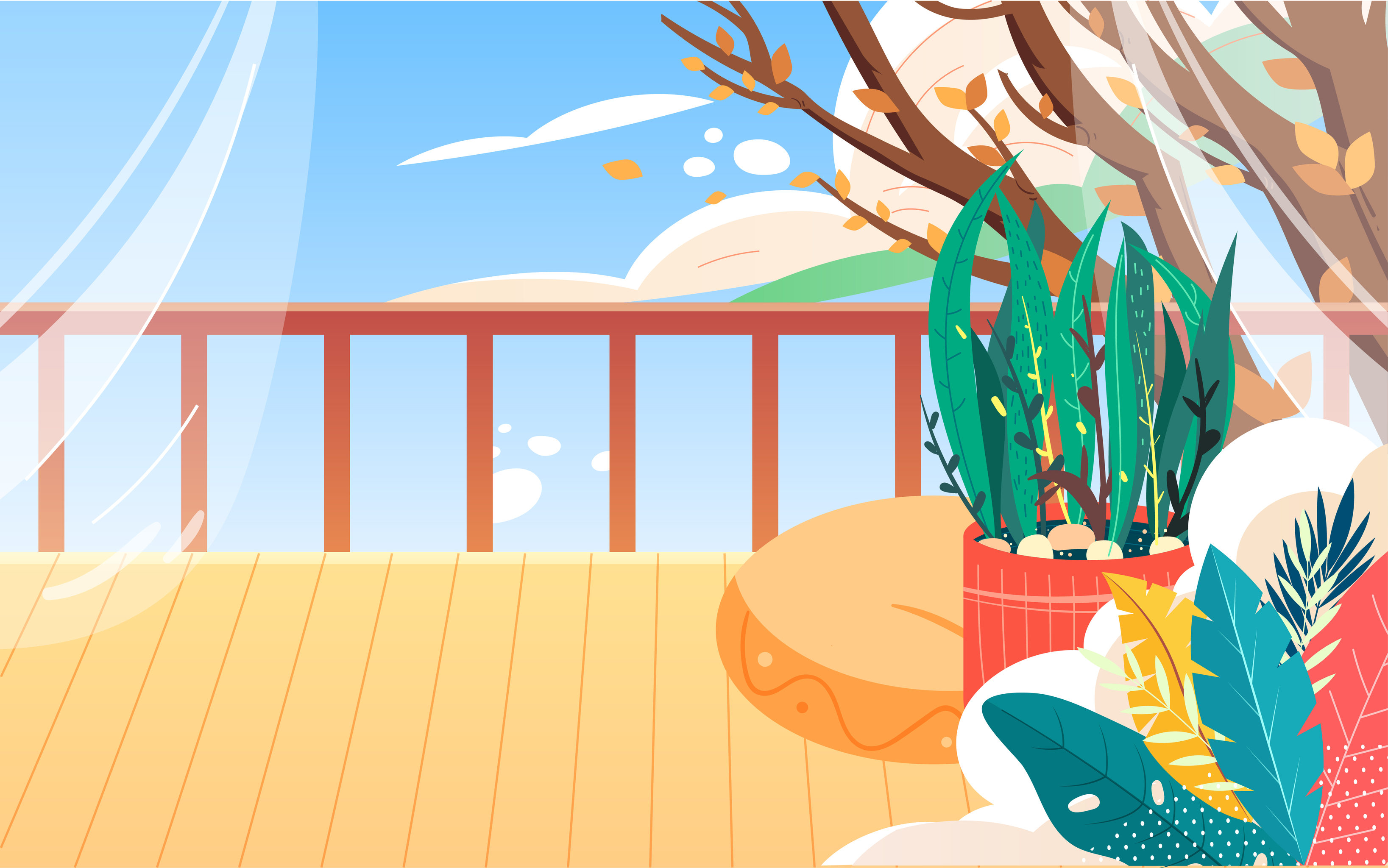 秋天人物室内阳台休闲插画节日宅家生活海报