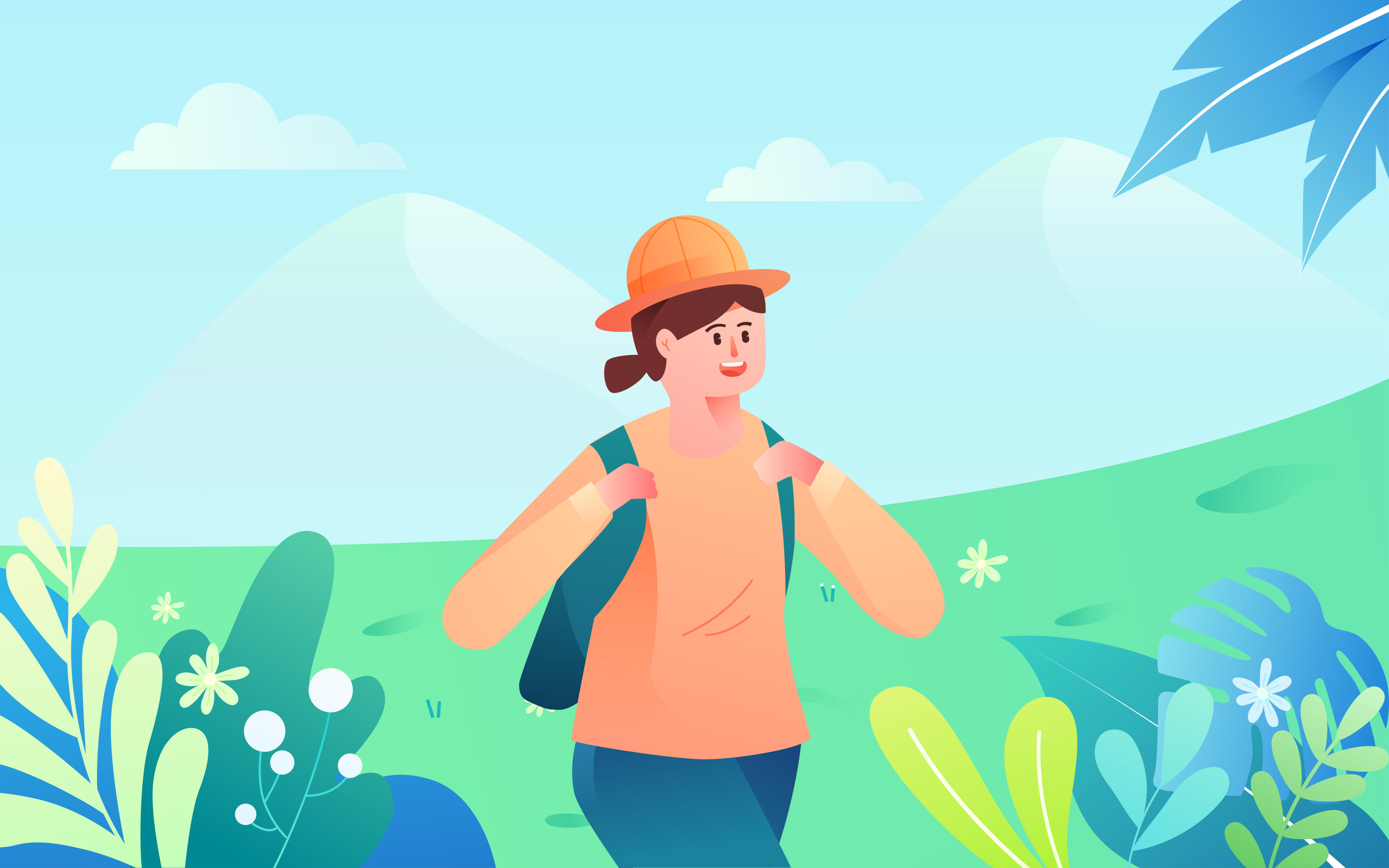 卡通人物夏季踏青旅游登山风景出行矢量插画