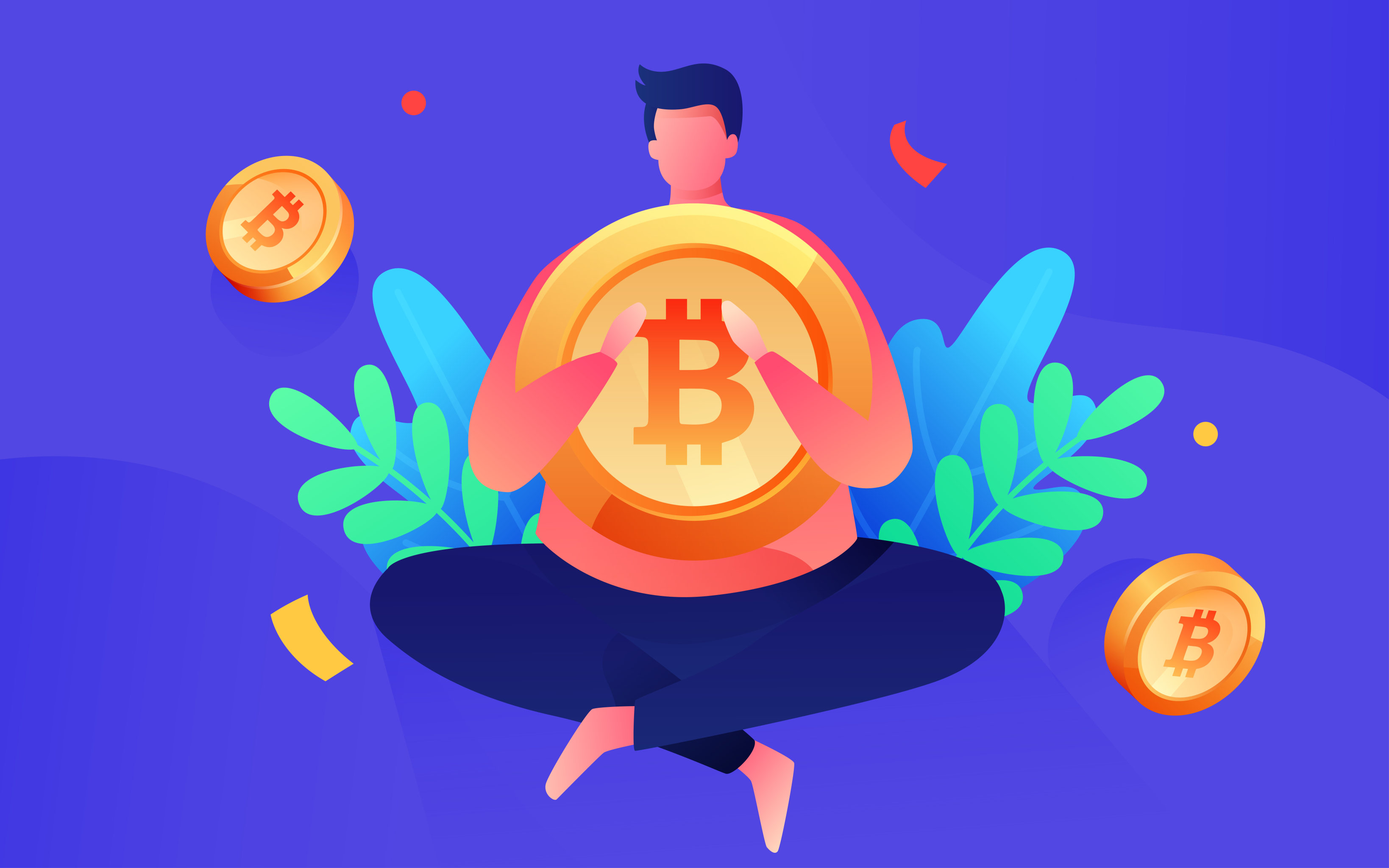 卡通人物抱着比特币上涨矢量概念插画背景