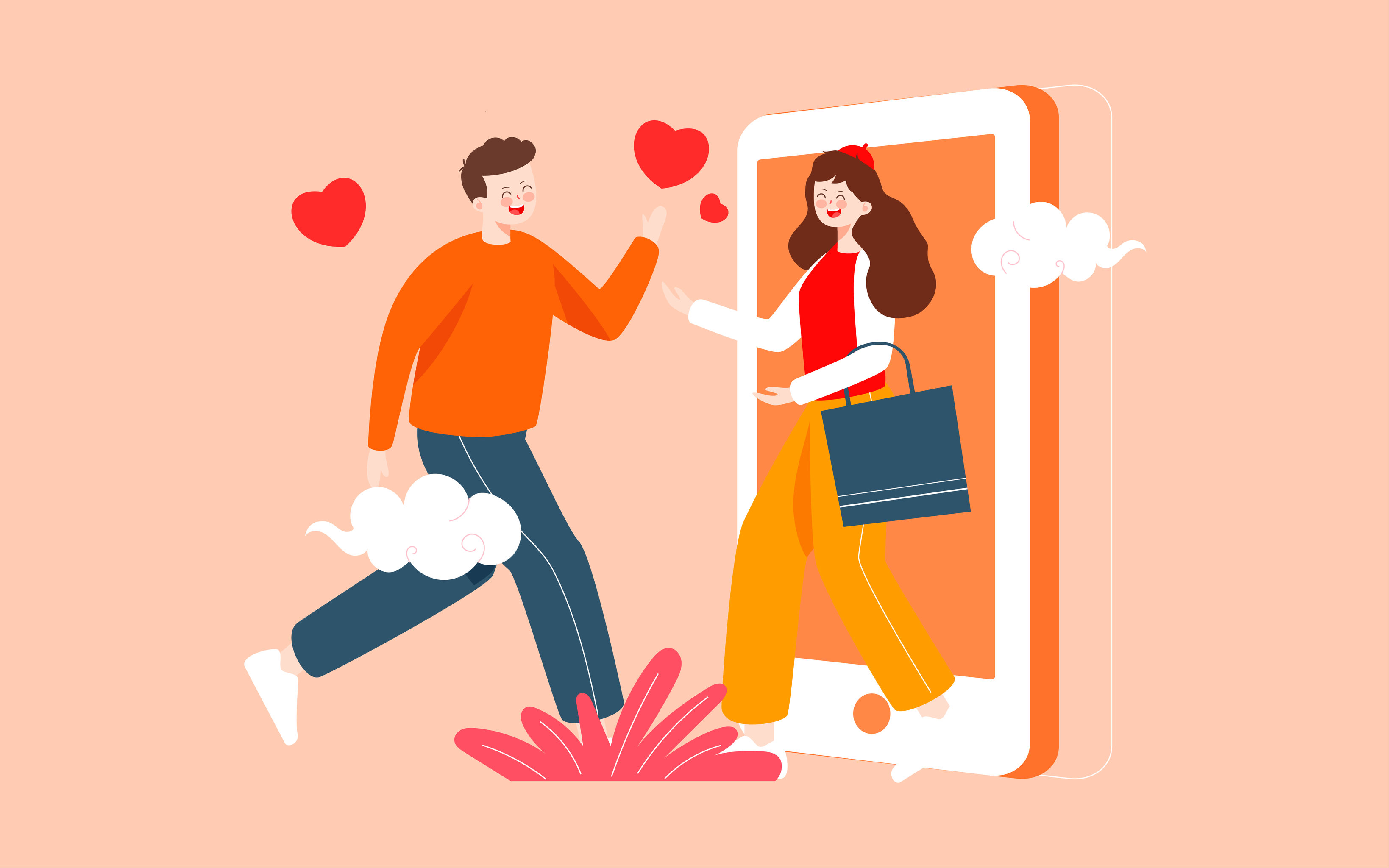 情人节恋爱人物插画情侣异地恋浪漫约会海报