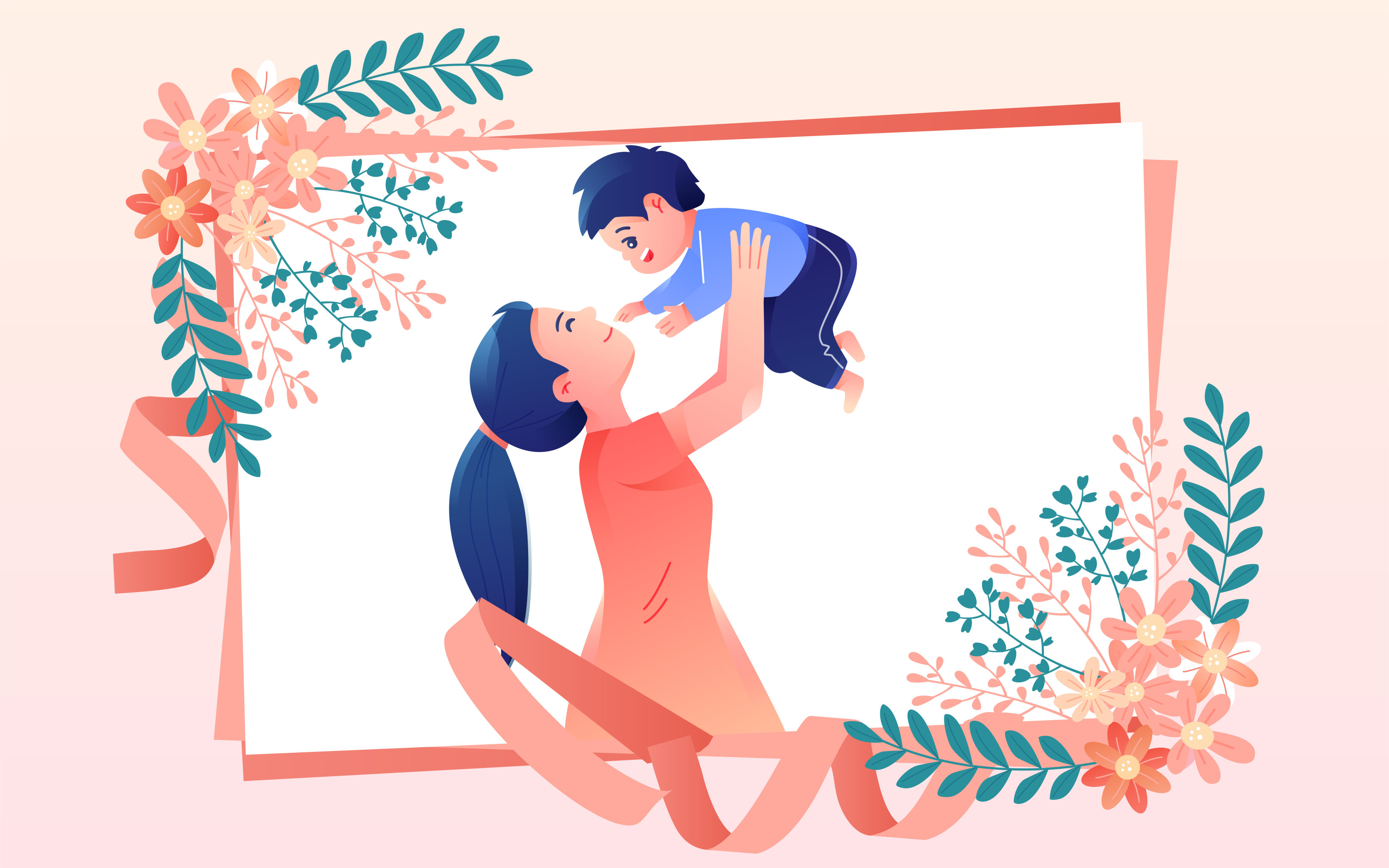 卡通母亲节感恩节鲜花贺卡矢量插画海报素材