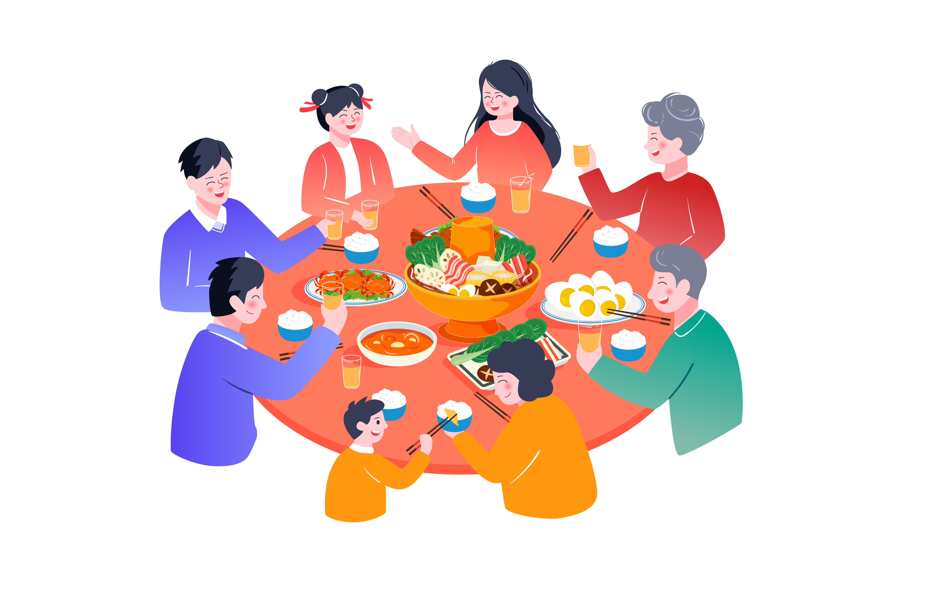 中秋节一家人团聚吃团圆饭海报传统节日插画