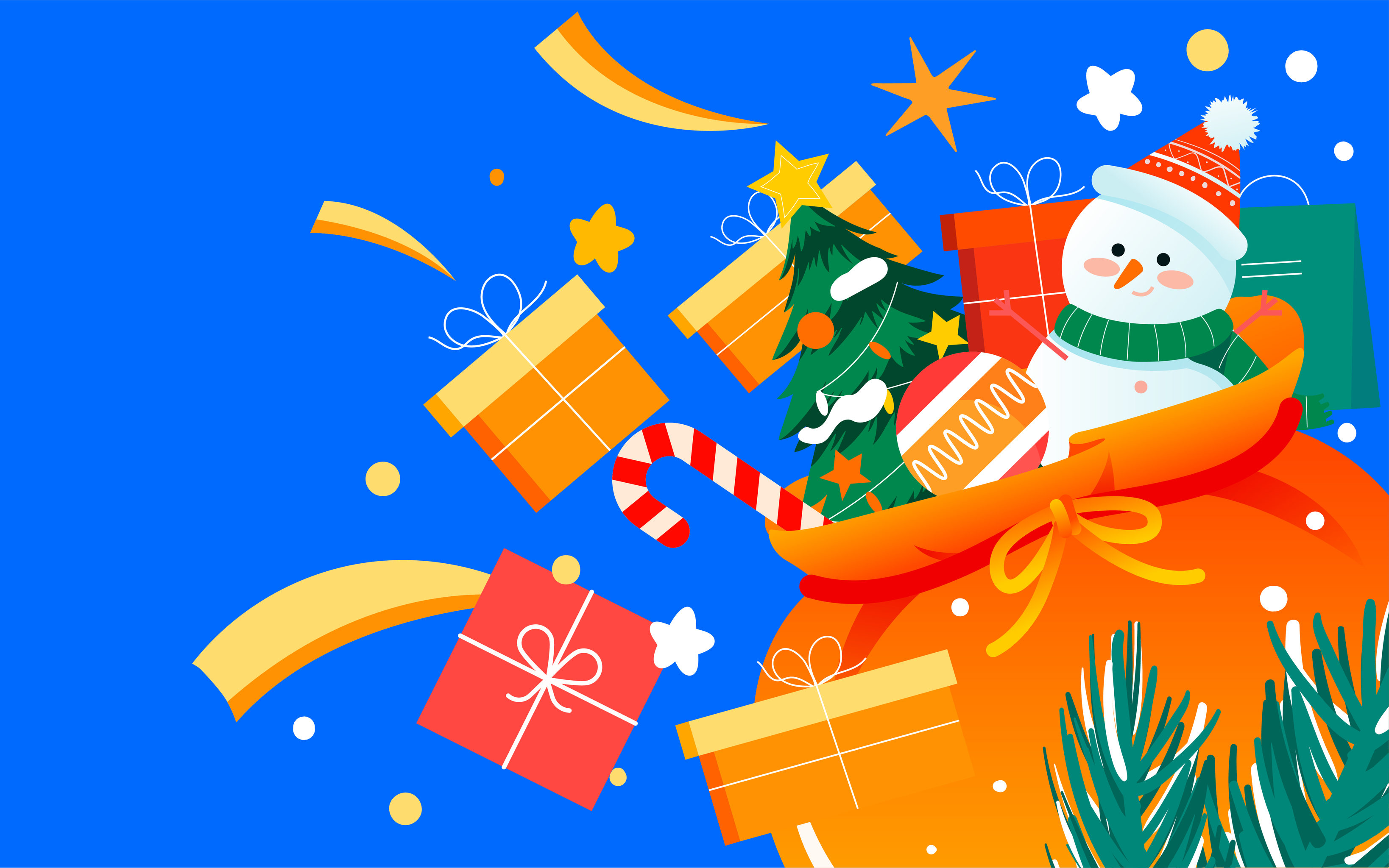 圣诞节雪人节日礼物插画冬天圣诞树背景海报