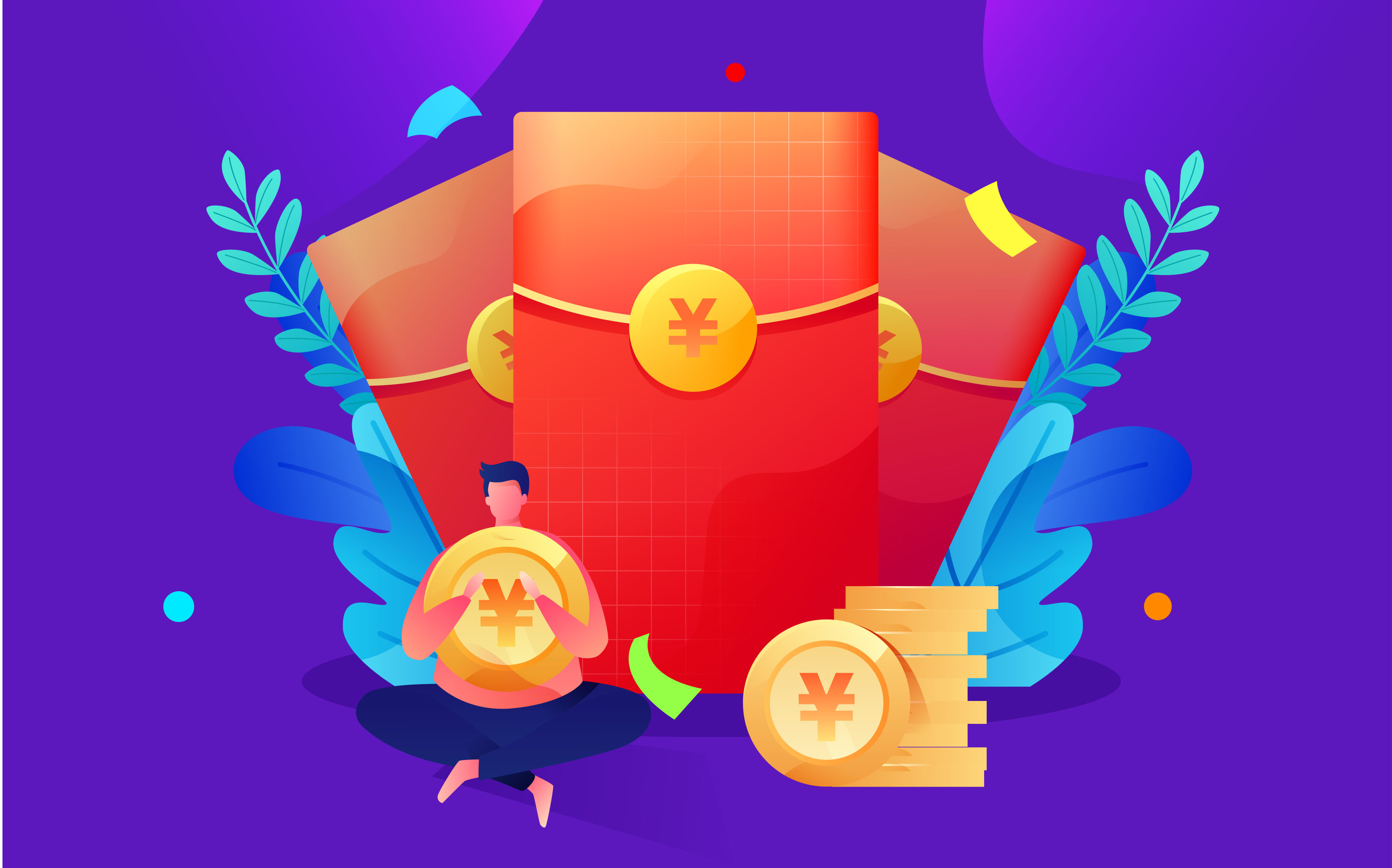 人物坐抱着金币红包矢量插画