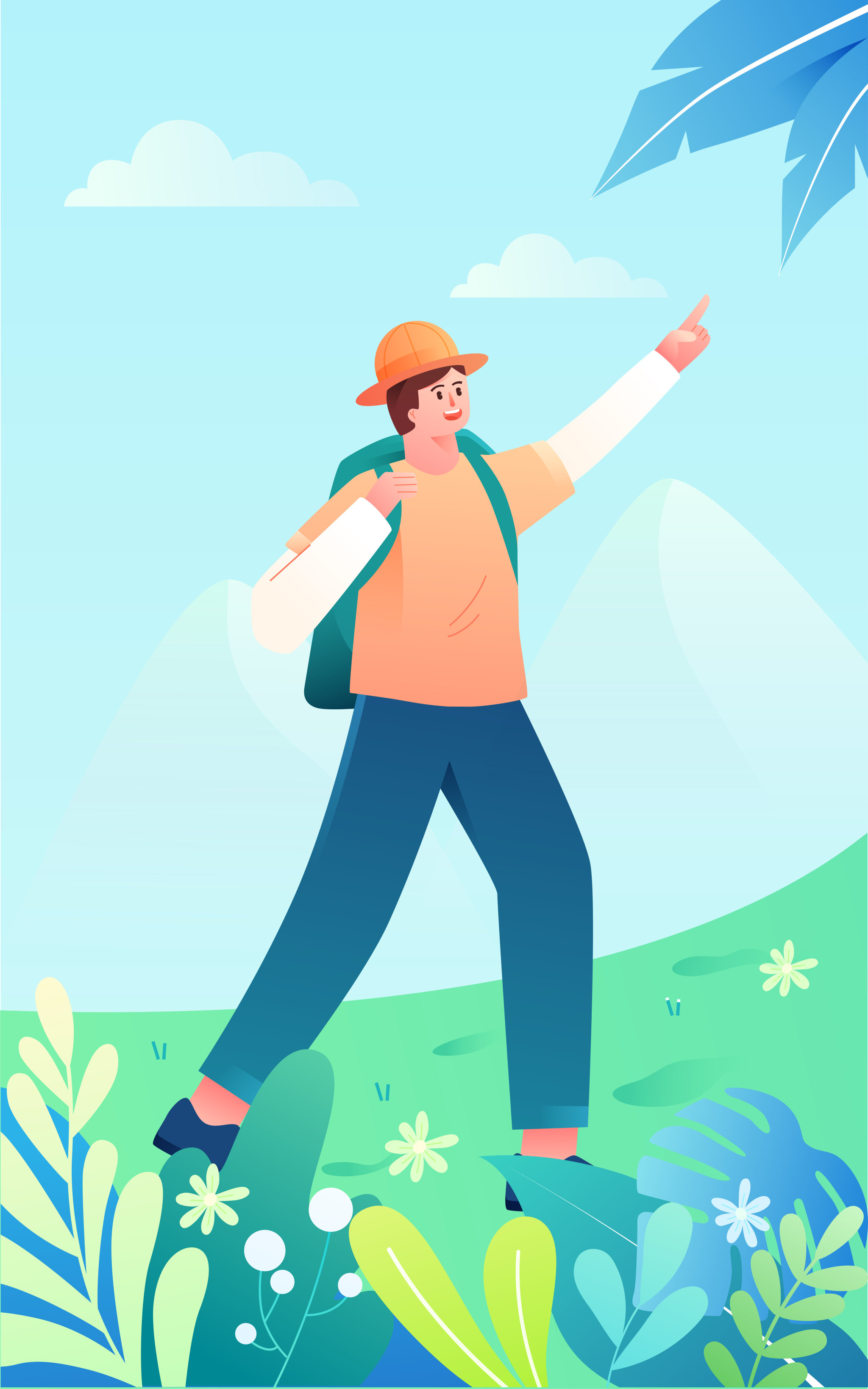 卡通人物夏季踏青旅游登山风景出行矢量插画