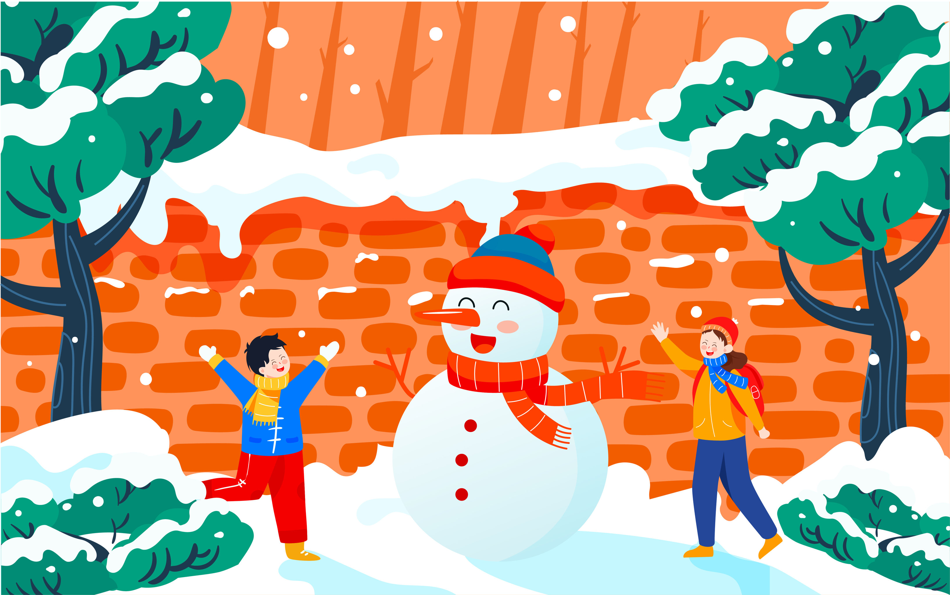 立冬节气插画冬天大雪小孩雪地堆雪人海报 - 熊伍_ - 原创作品 - 视觉