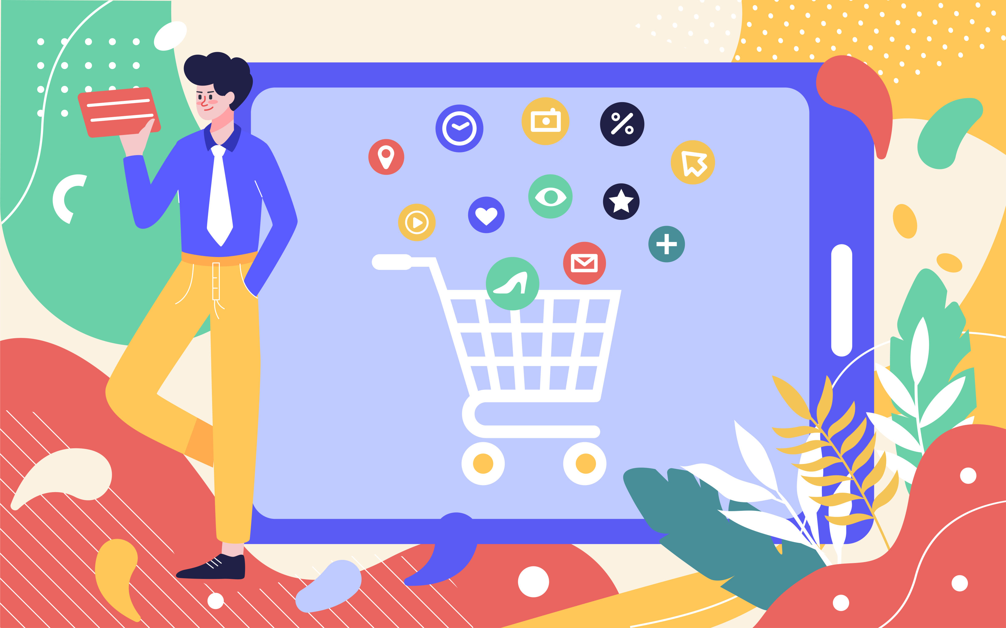 网上购物移动支付插画人物网购促销活动海报