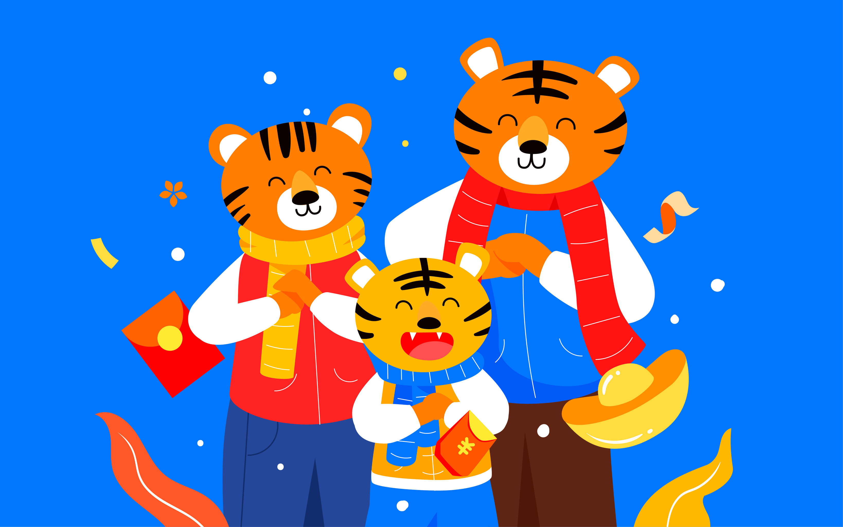 虎年一家人老虎拜年插画春节节日祝福海报