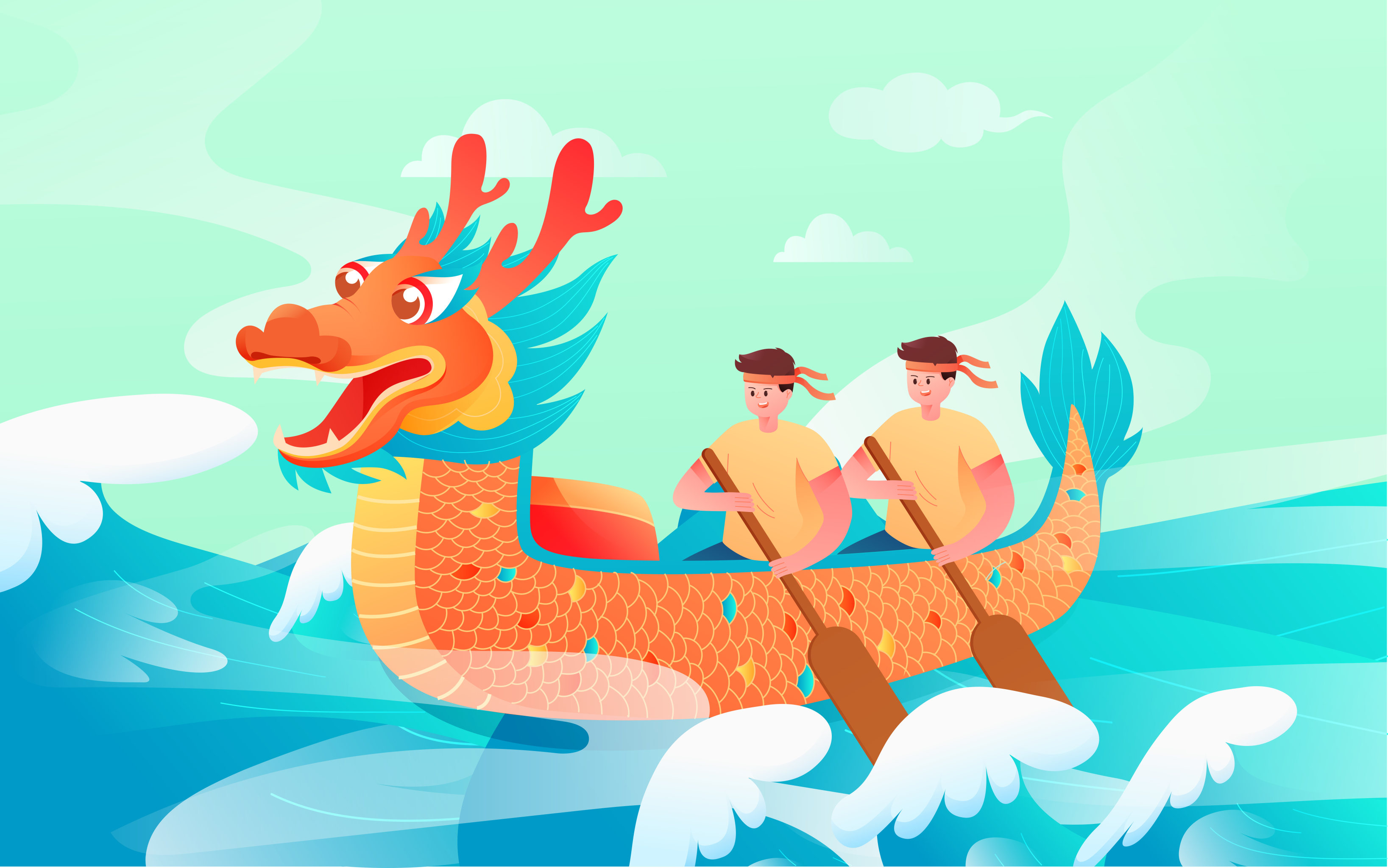 卡通端午节划龙舟传统节日国潮矢量插画素材