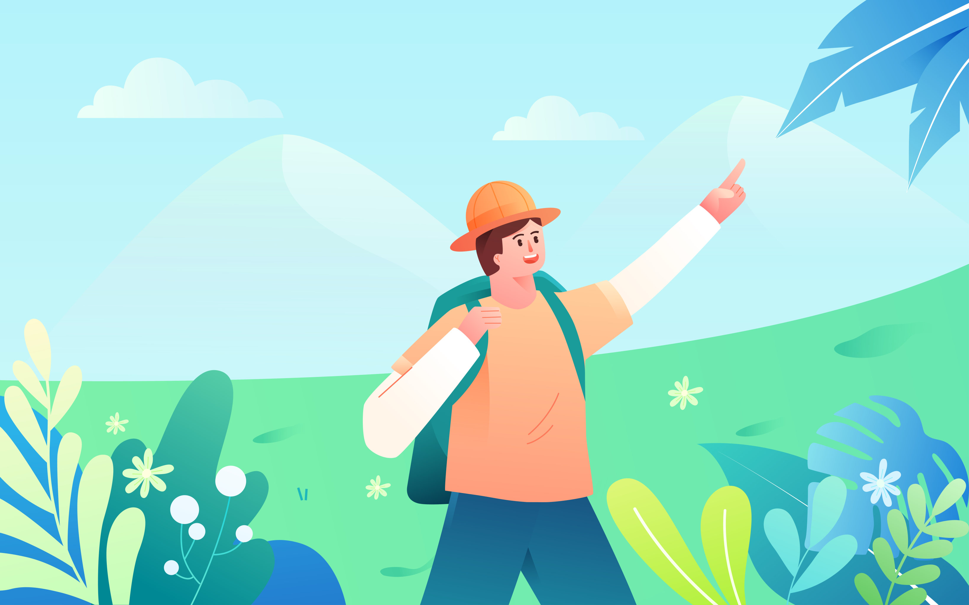 卡通人物夏季踏青旅游登山风景出行矢量插画