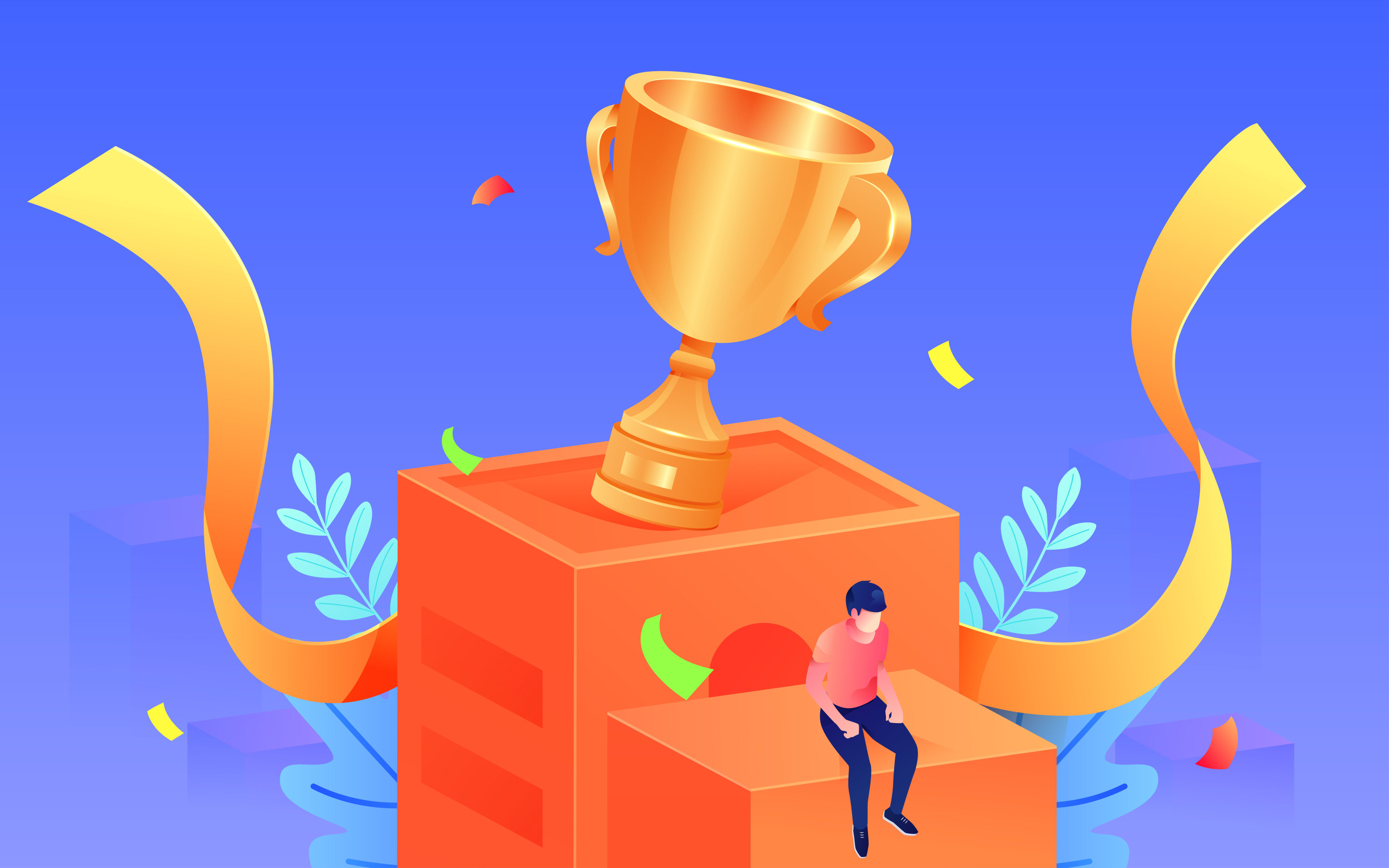 卡通庆祝冠军人物竞赛胜利奖杯等距矢量插画 - 熊伍_ - 原创作品 - 视