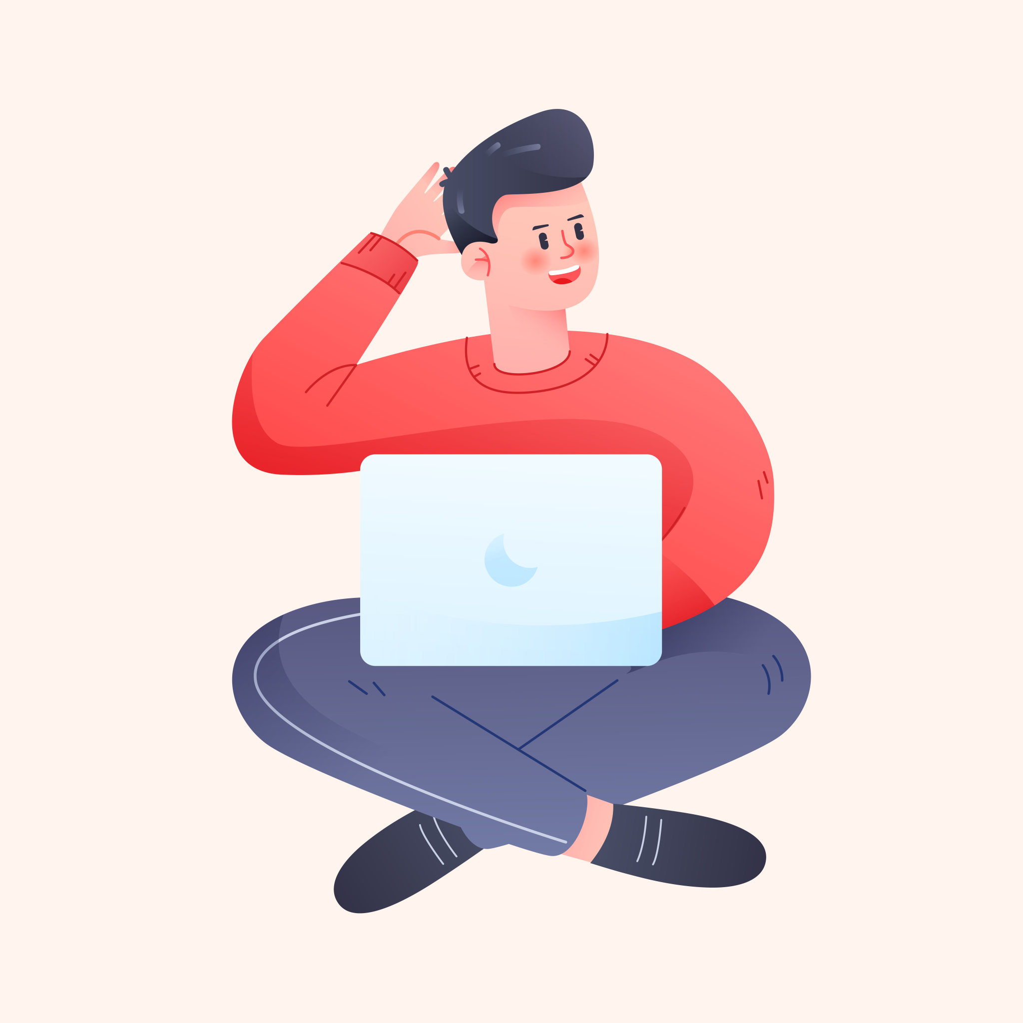 卡通男生玩电脑青少年人物摸头疑问矢量插画