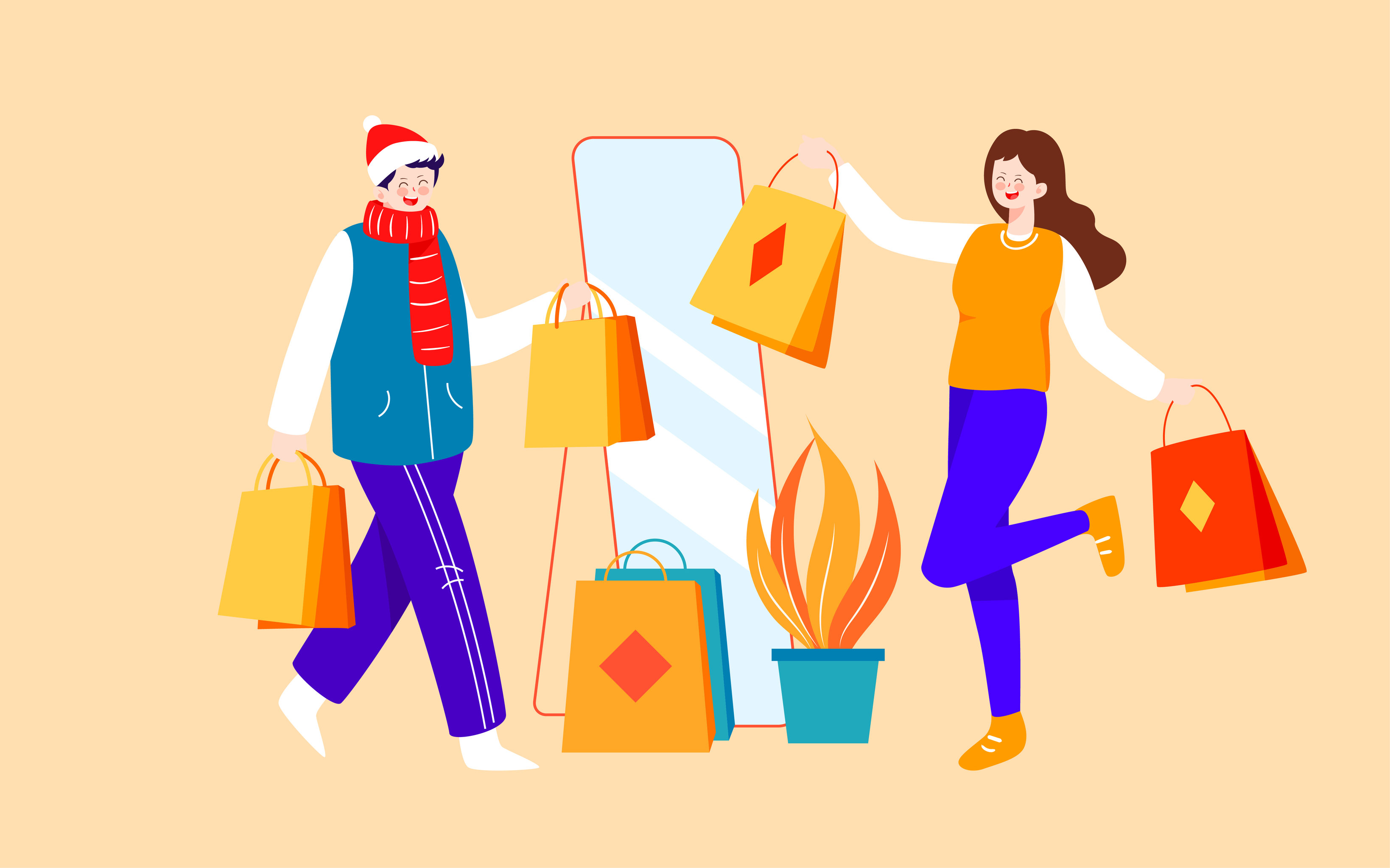 网购双十一电商购物节插画情侣逛商场海报