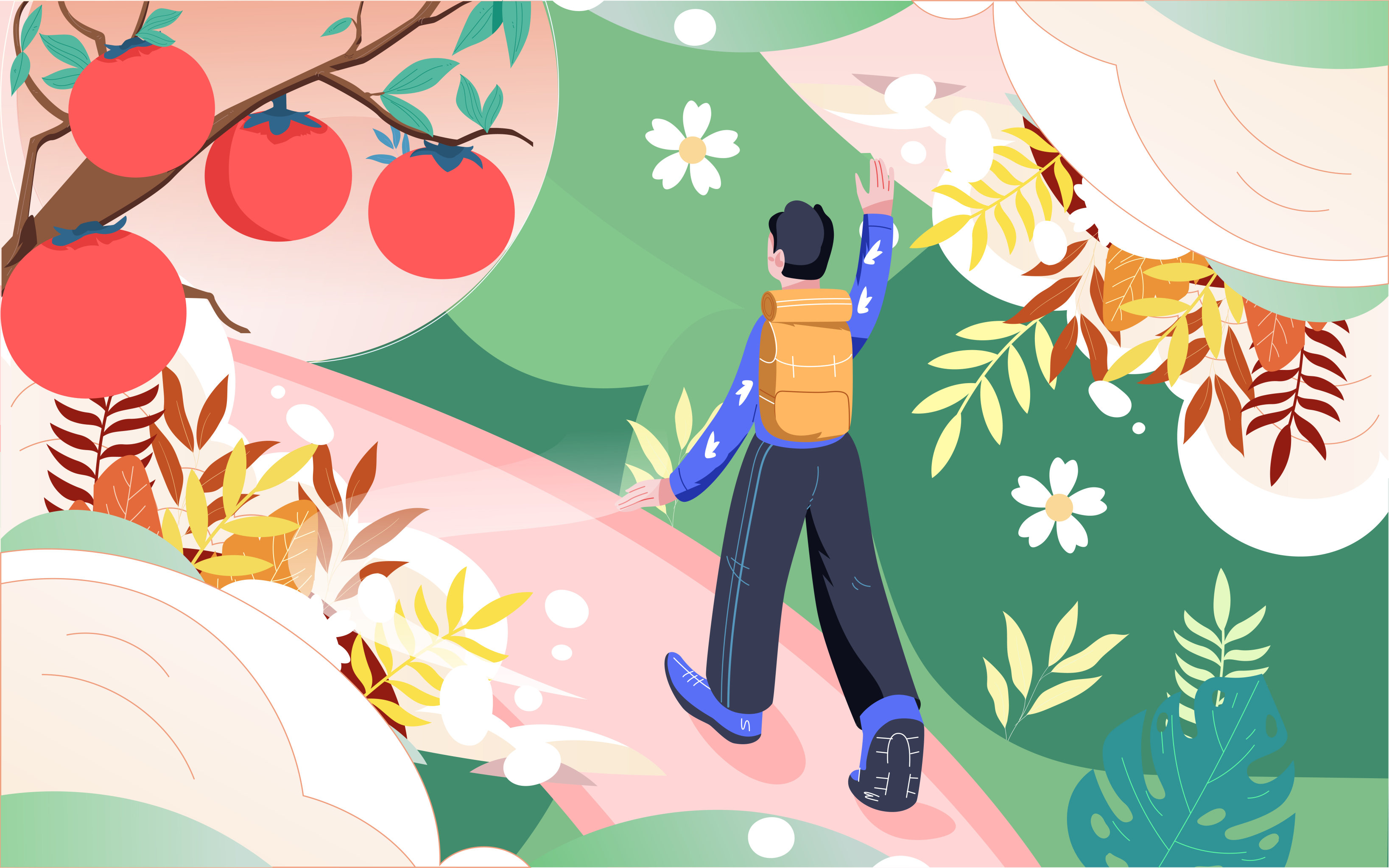 假期旅行海报白露节气人物徒步冒险旅游插画