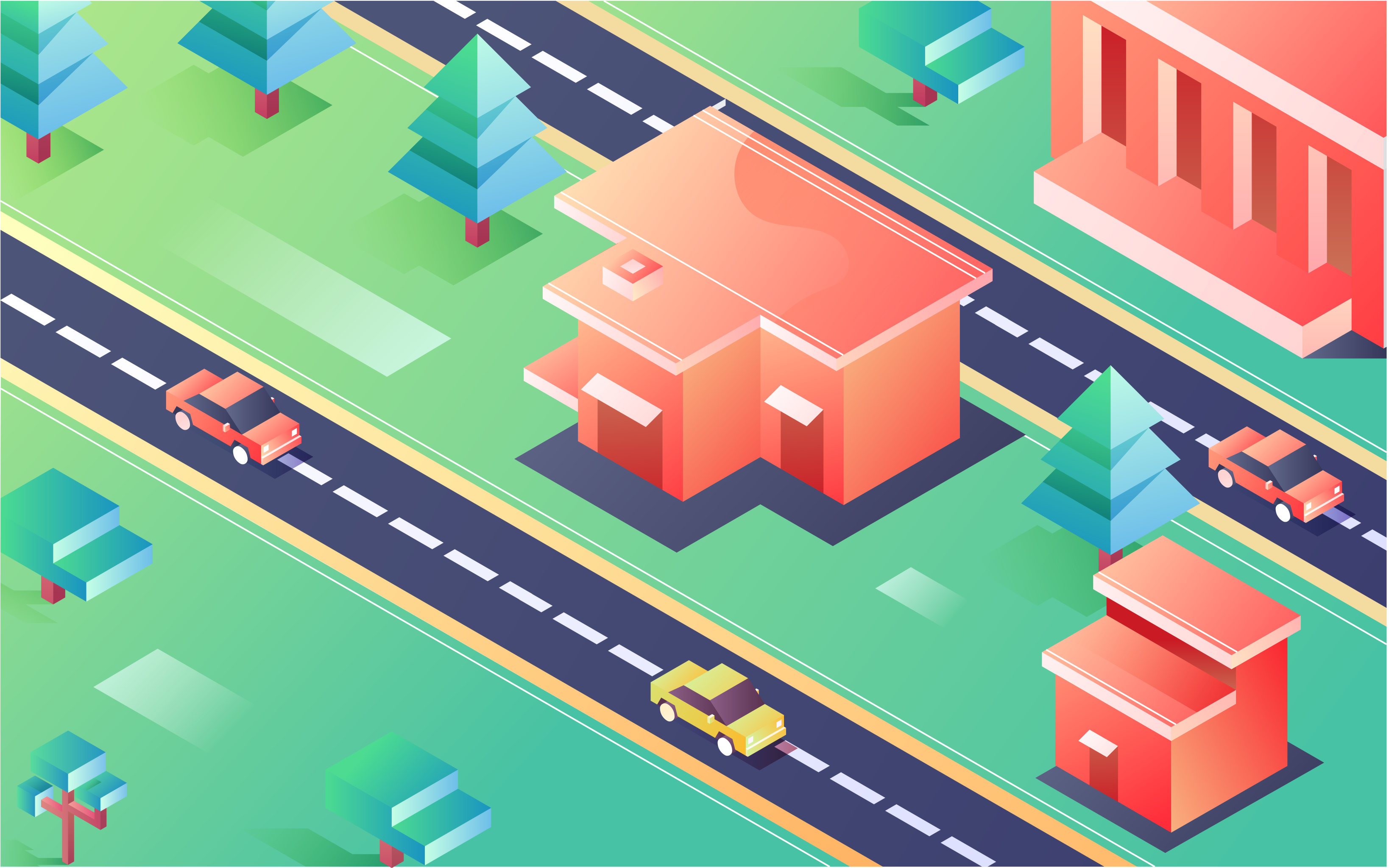 卡通智能城市绿色建筑等距矢量插图背景素材