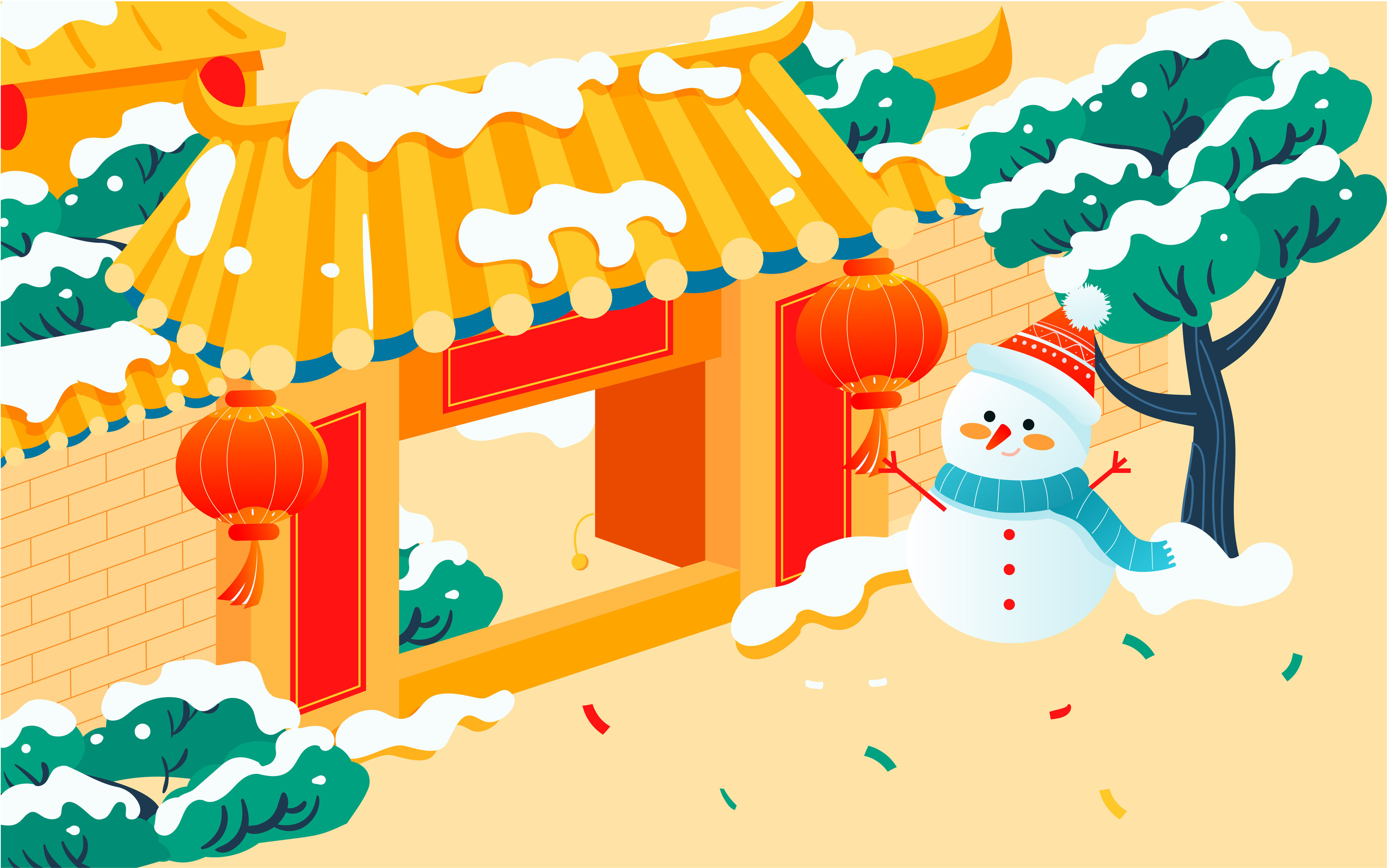 冬天小孩户外玩耍插画春节过年人物拜年海报