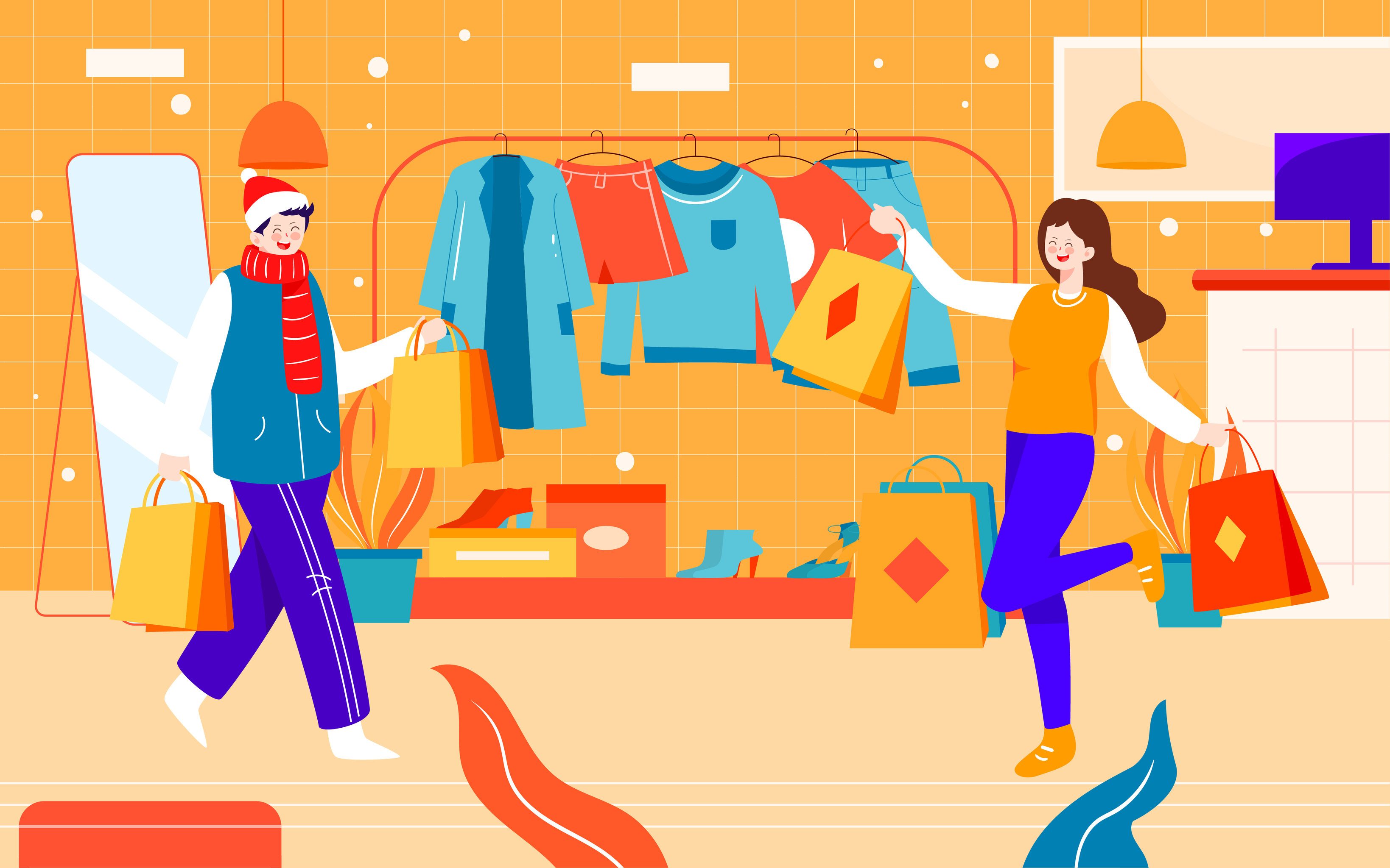 网购双十一电商购物节插画情侣逛商场海报