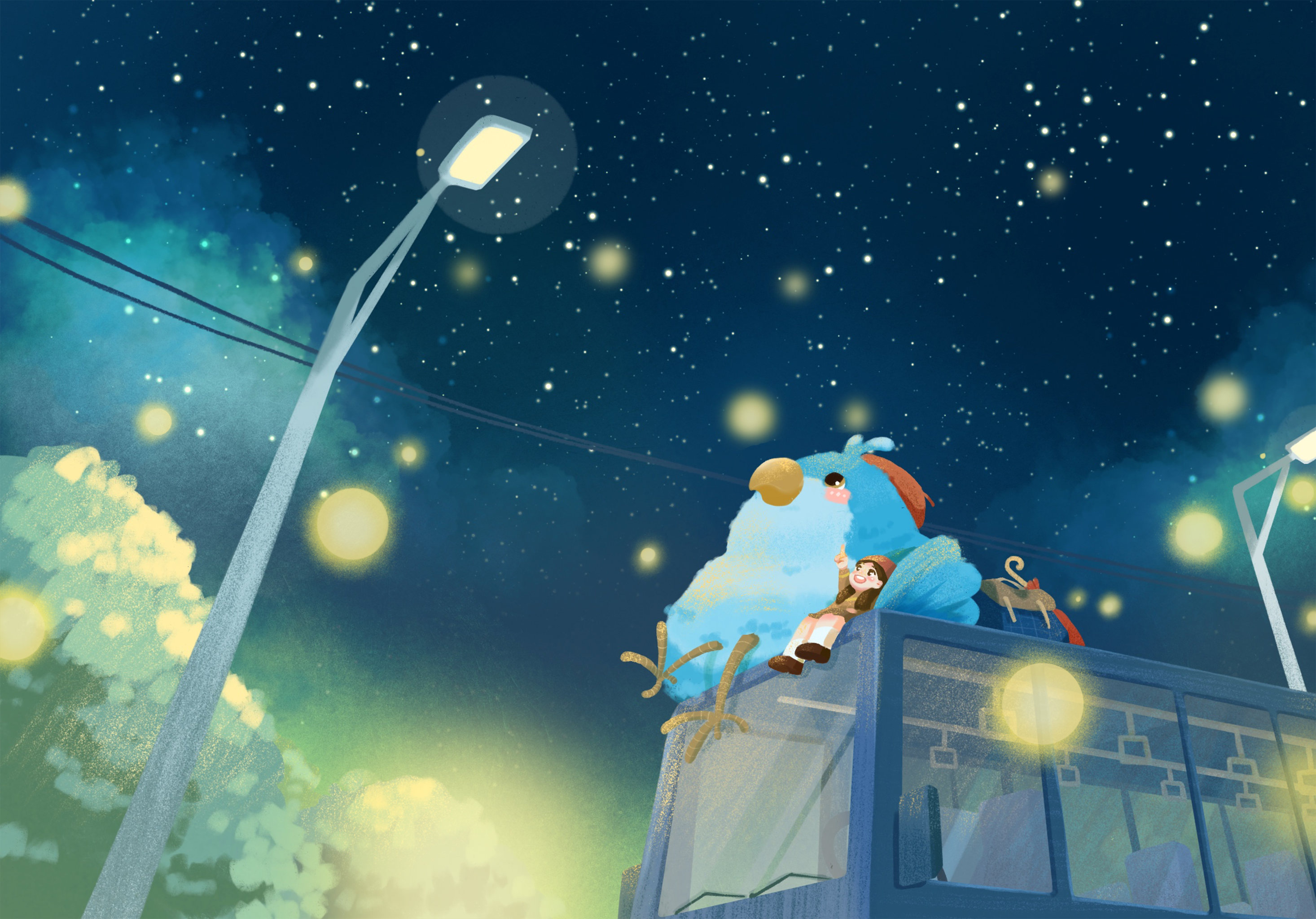 插画旅途夜晚的萤火虫