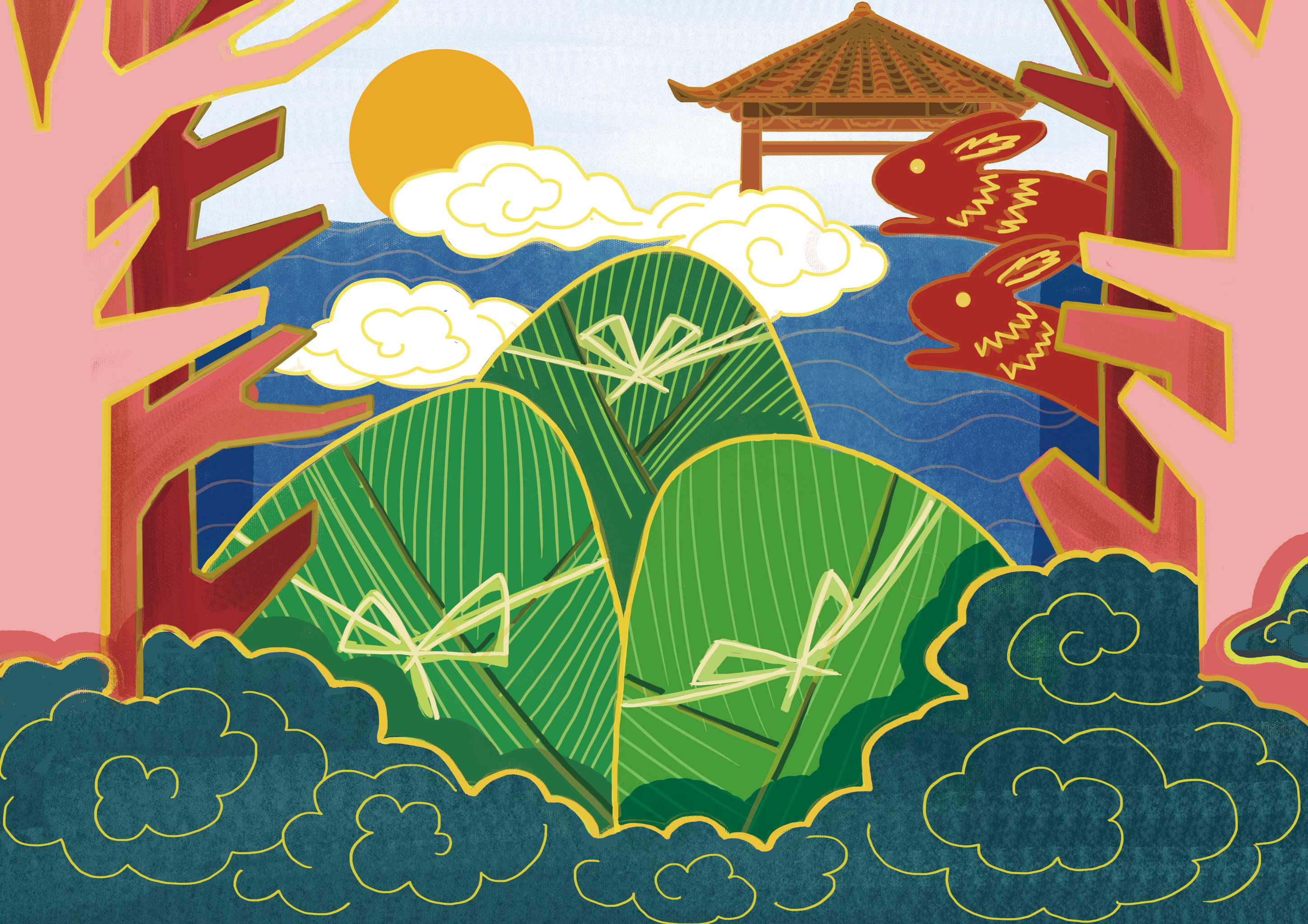 端午 圆月 剪纸风格 包装 贺卡 节日卡片