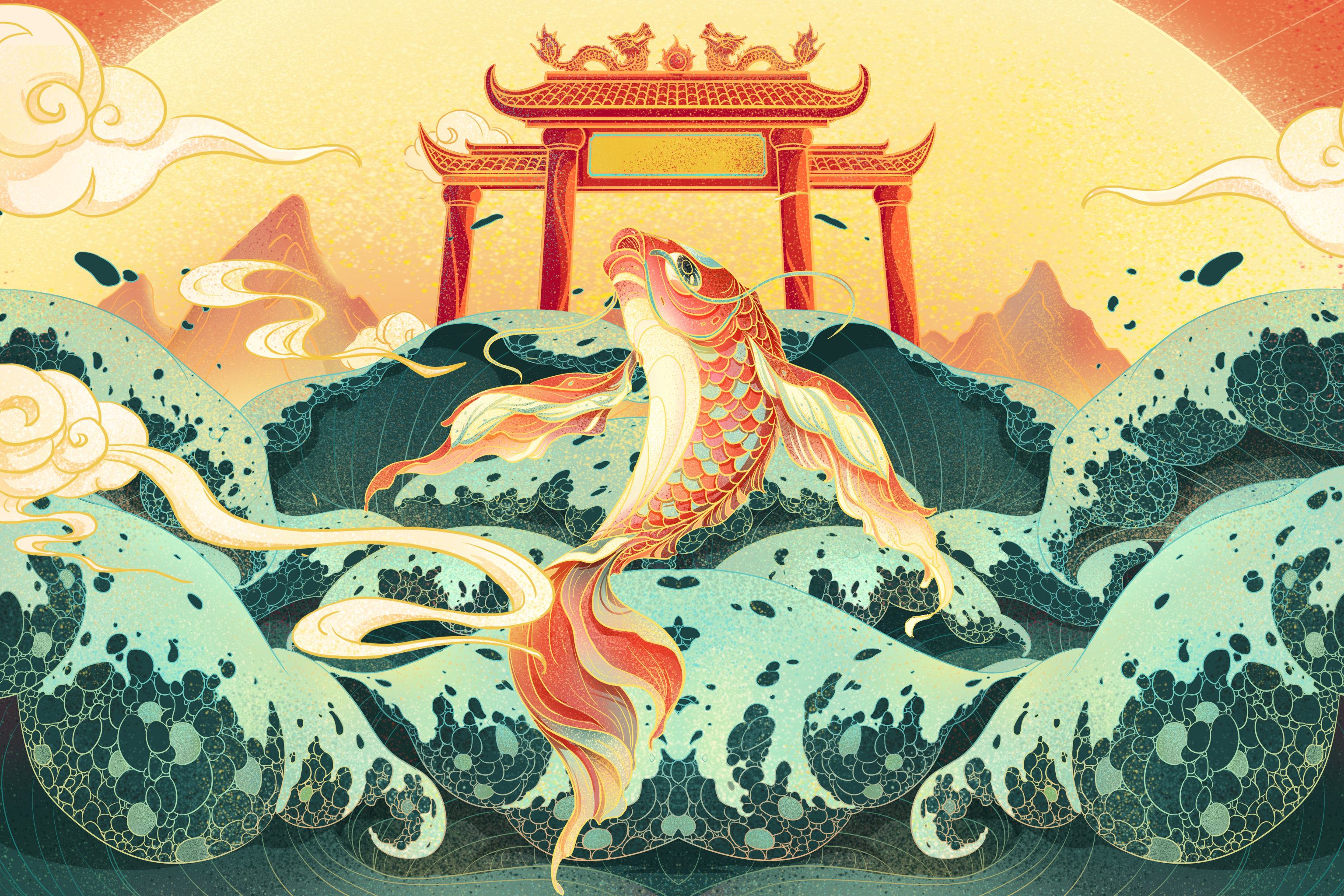 中国风鳞鱼跃龙门插画