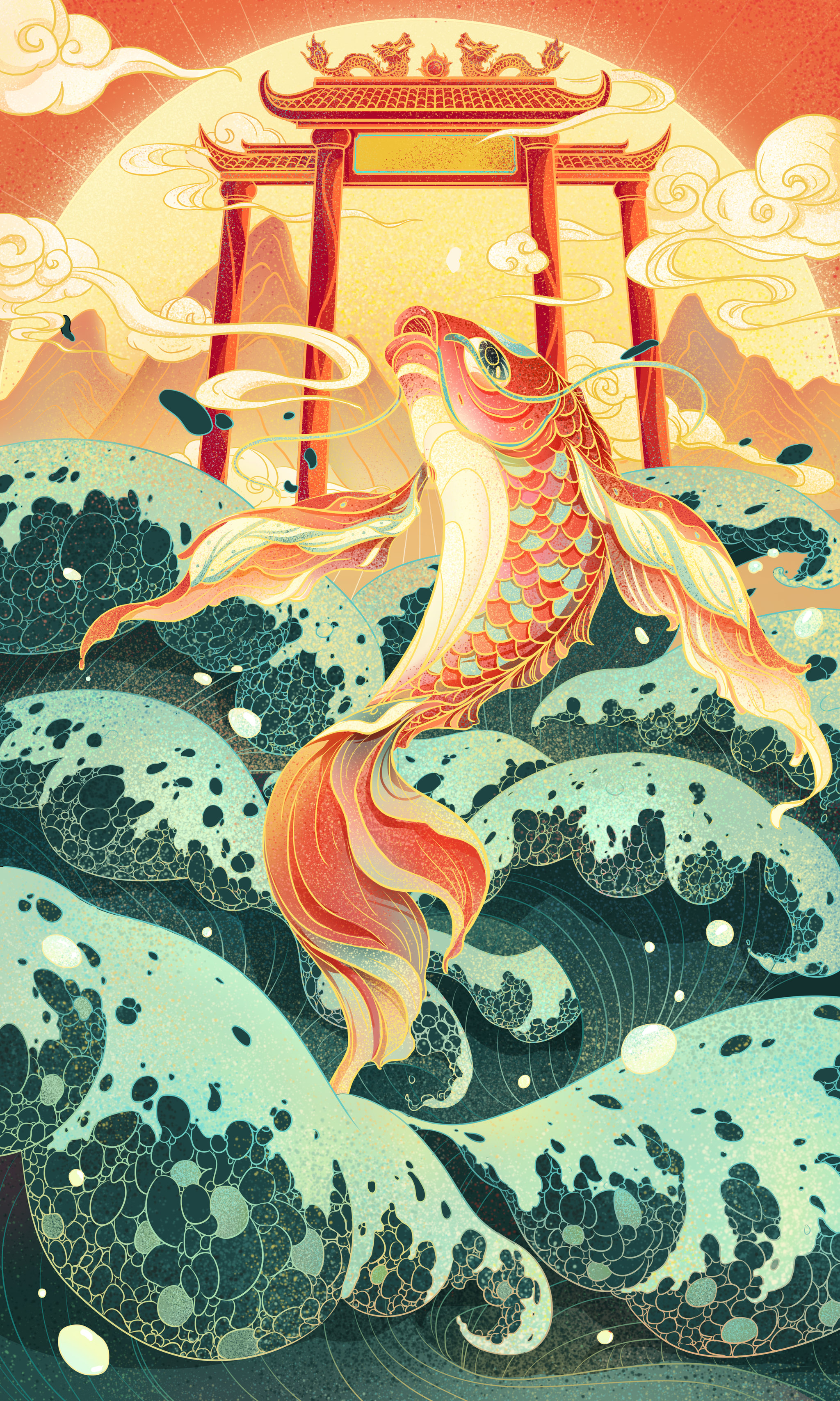 中国风鳞鱼跃龙门插画