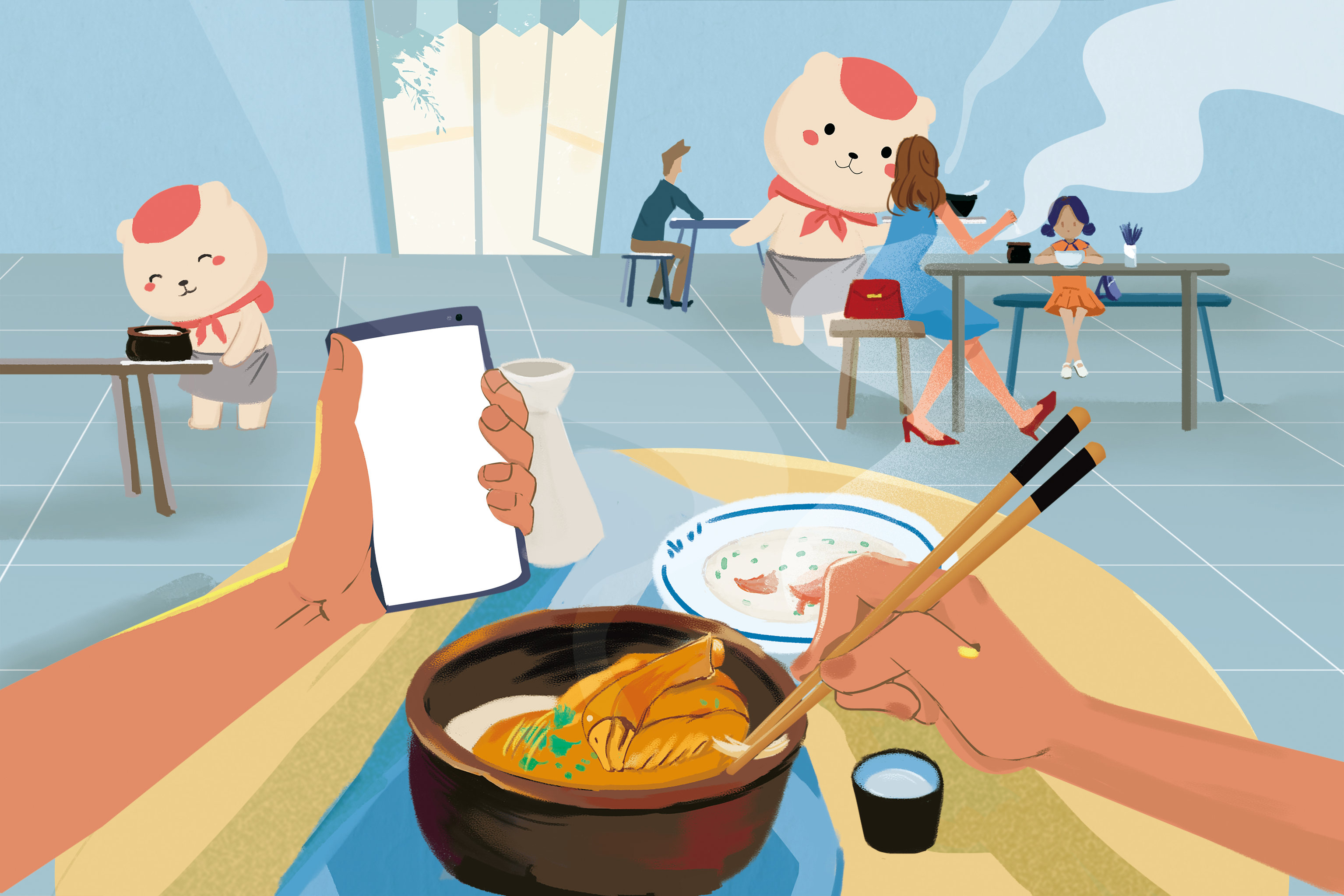 餐厅吃饭玩手机画面