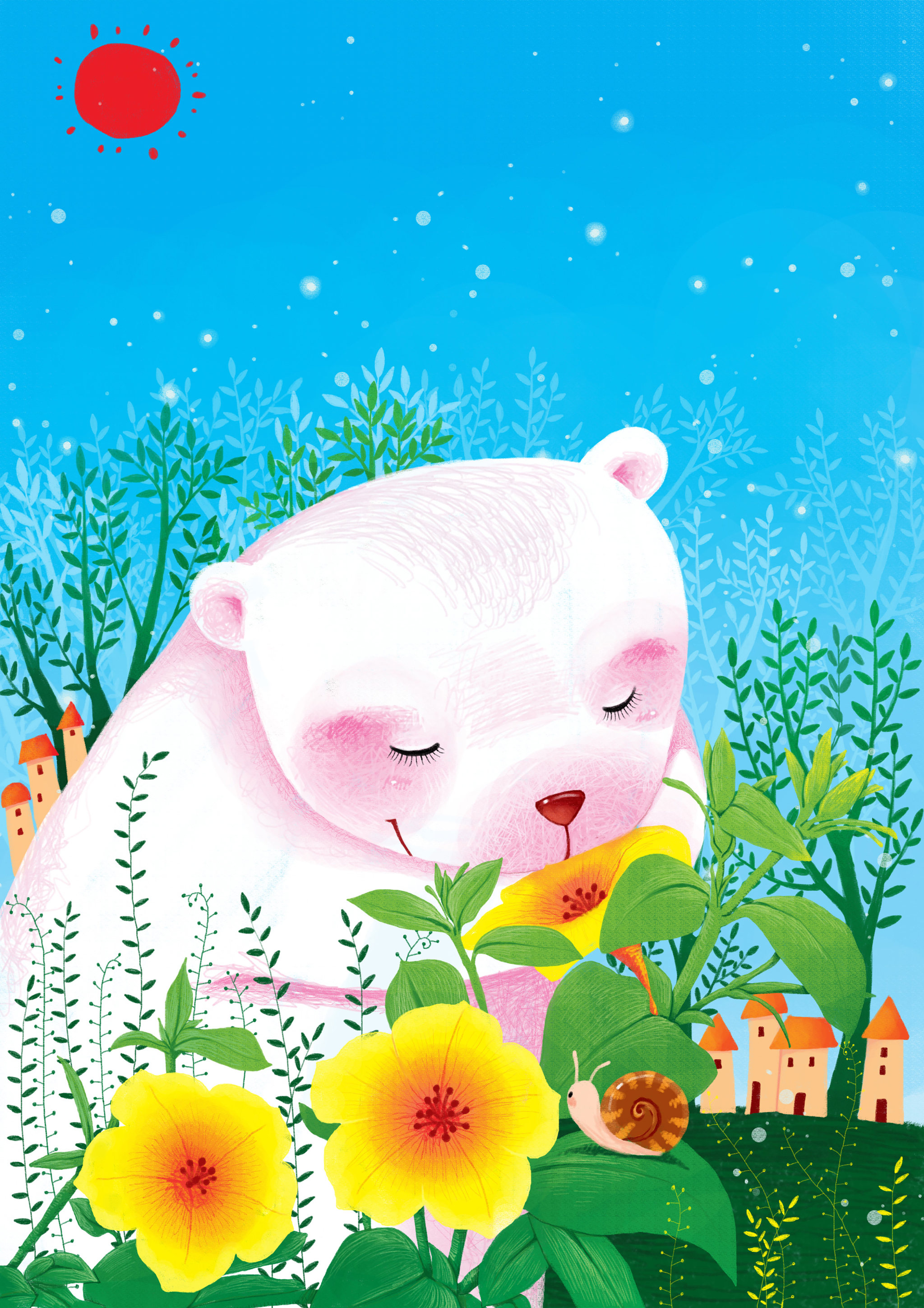 动物大世界插画系列-白熊闻花