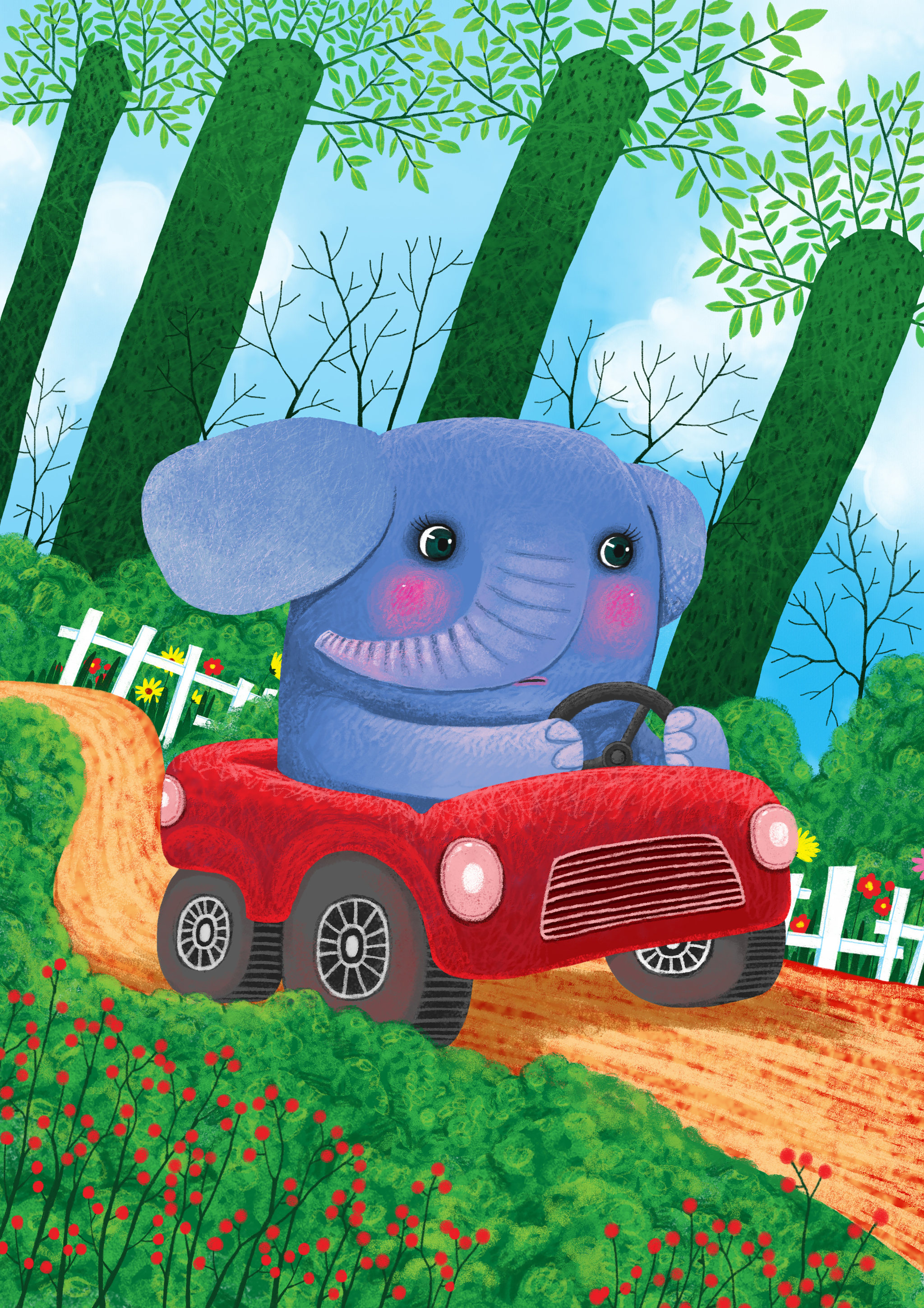 动物插画系列作品共3000幅-小象开车