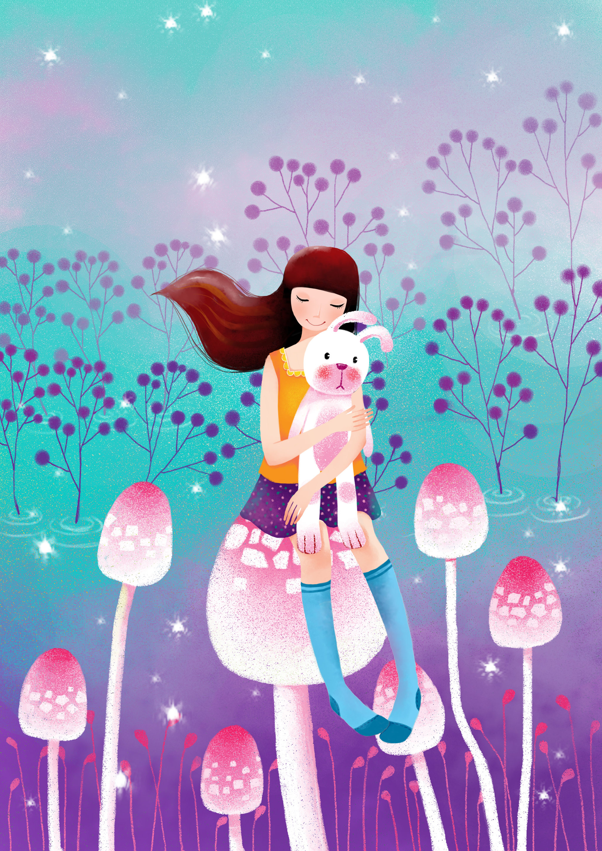 唯美青春插画系列-坐在蘑菇上抱着兔子的女孩