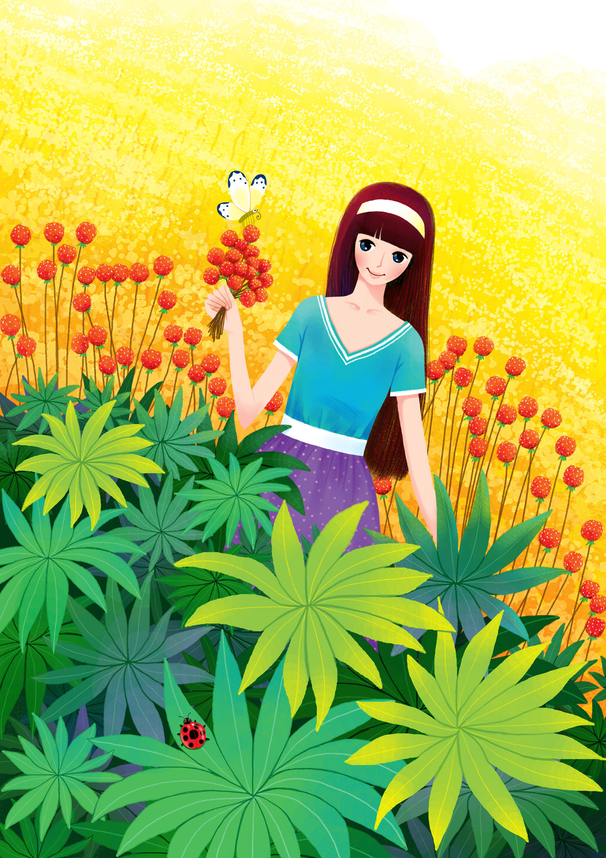 青春年少唯美插画系列-摘野果的女孩