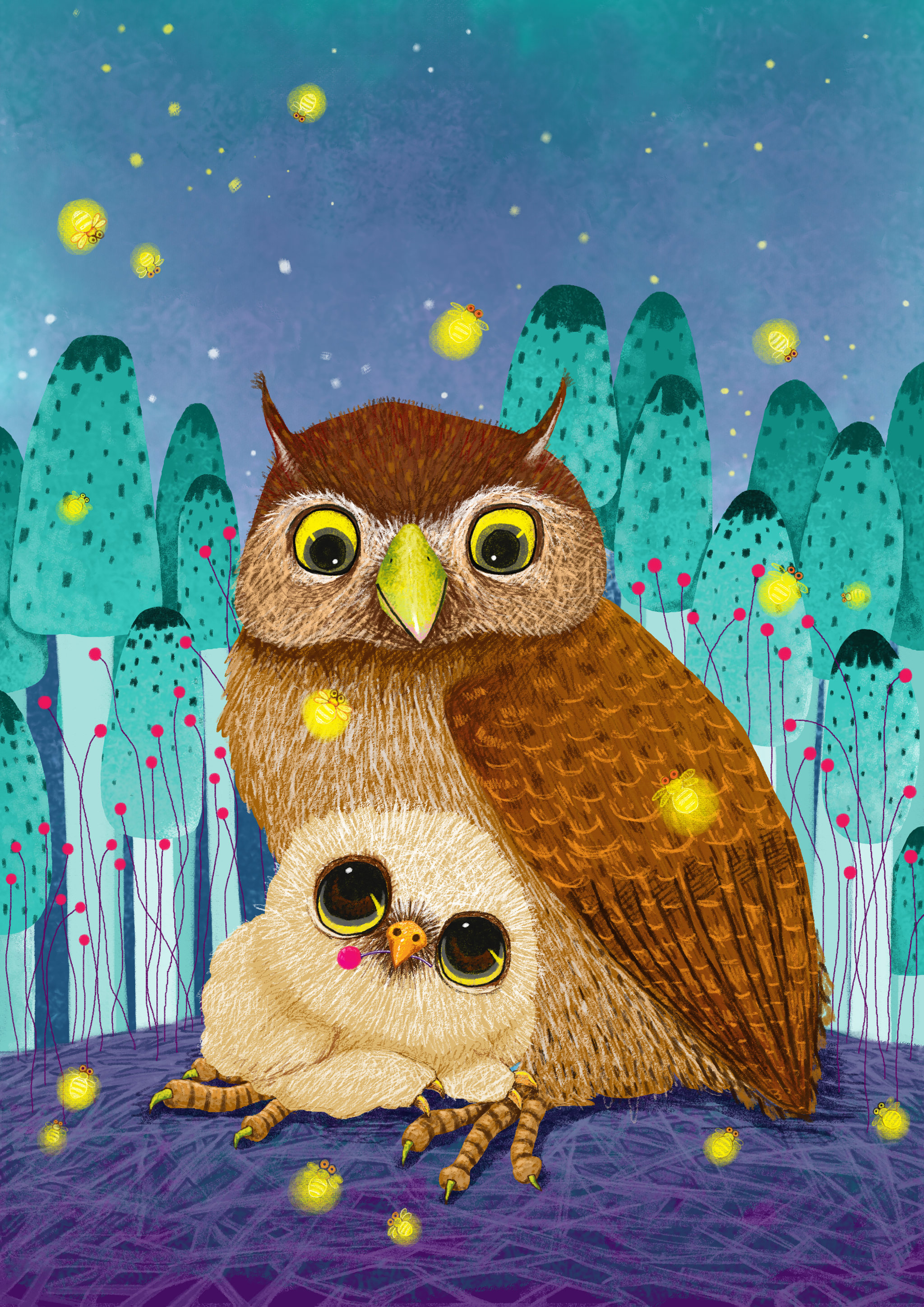 动物大世界插画系列-夜里的猫头鹰