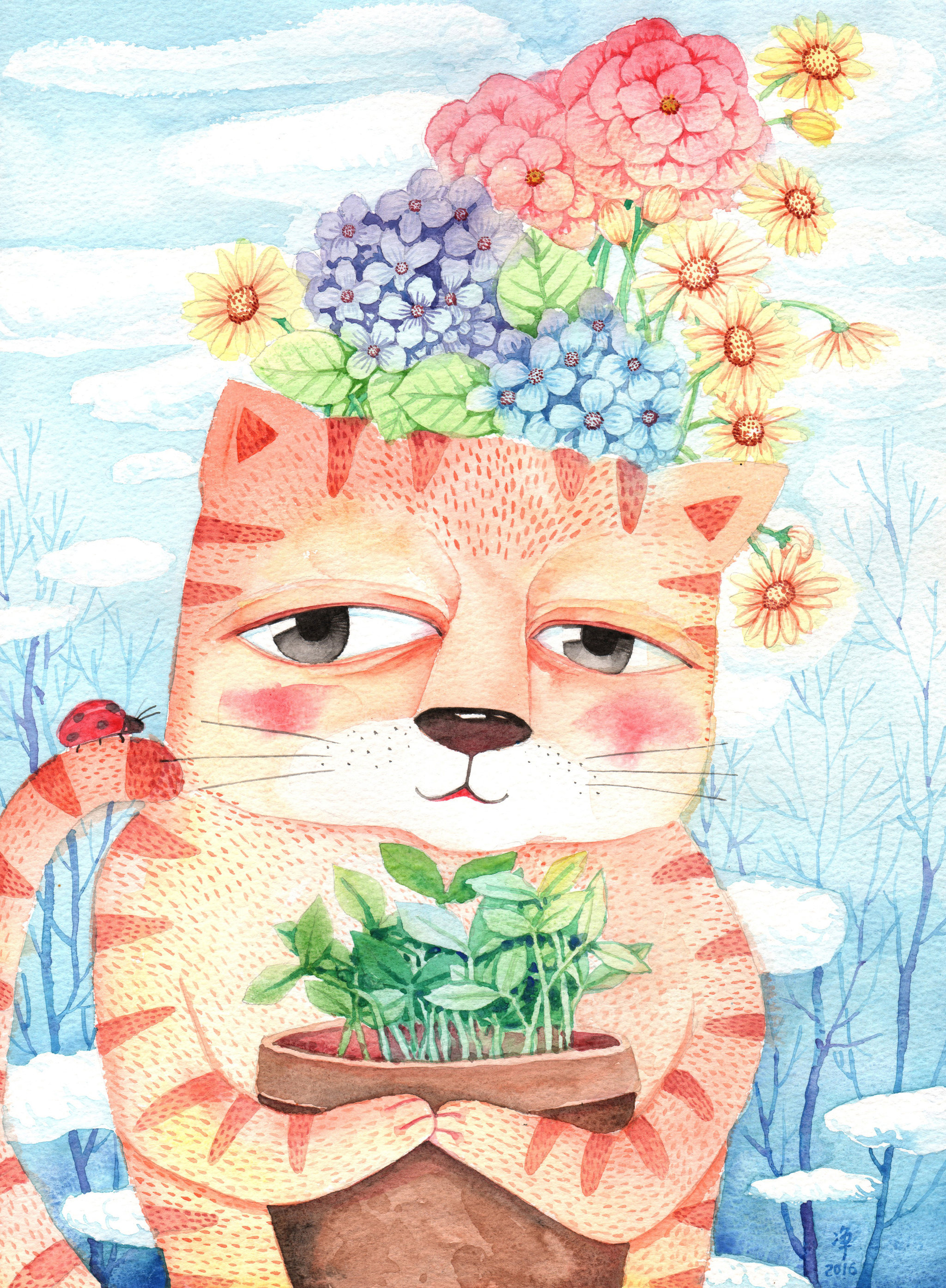 唯美动物插画系列-水彩画猫捧花
