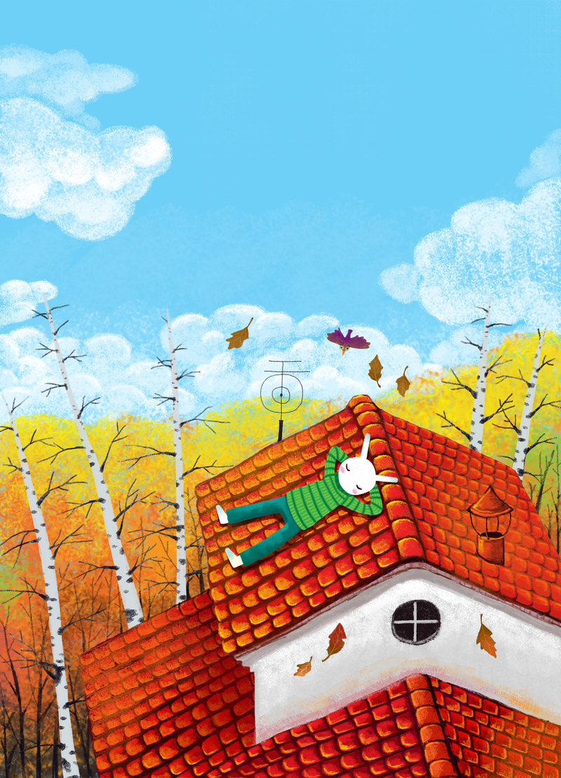 阅读满分唯美插画系列-屋顶上躺着