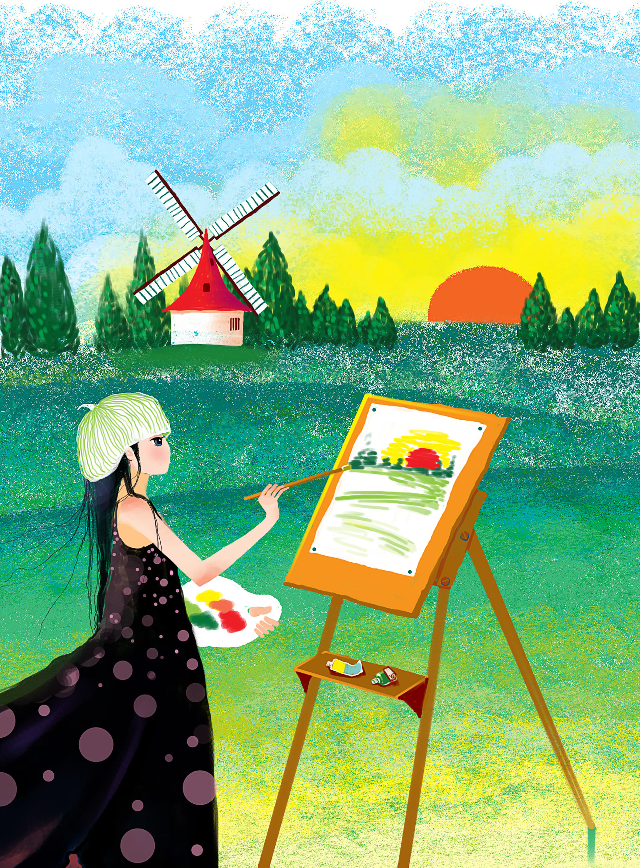 青春唯美插画系列-画画的女人