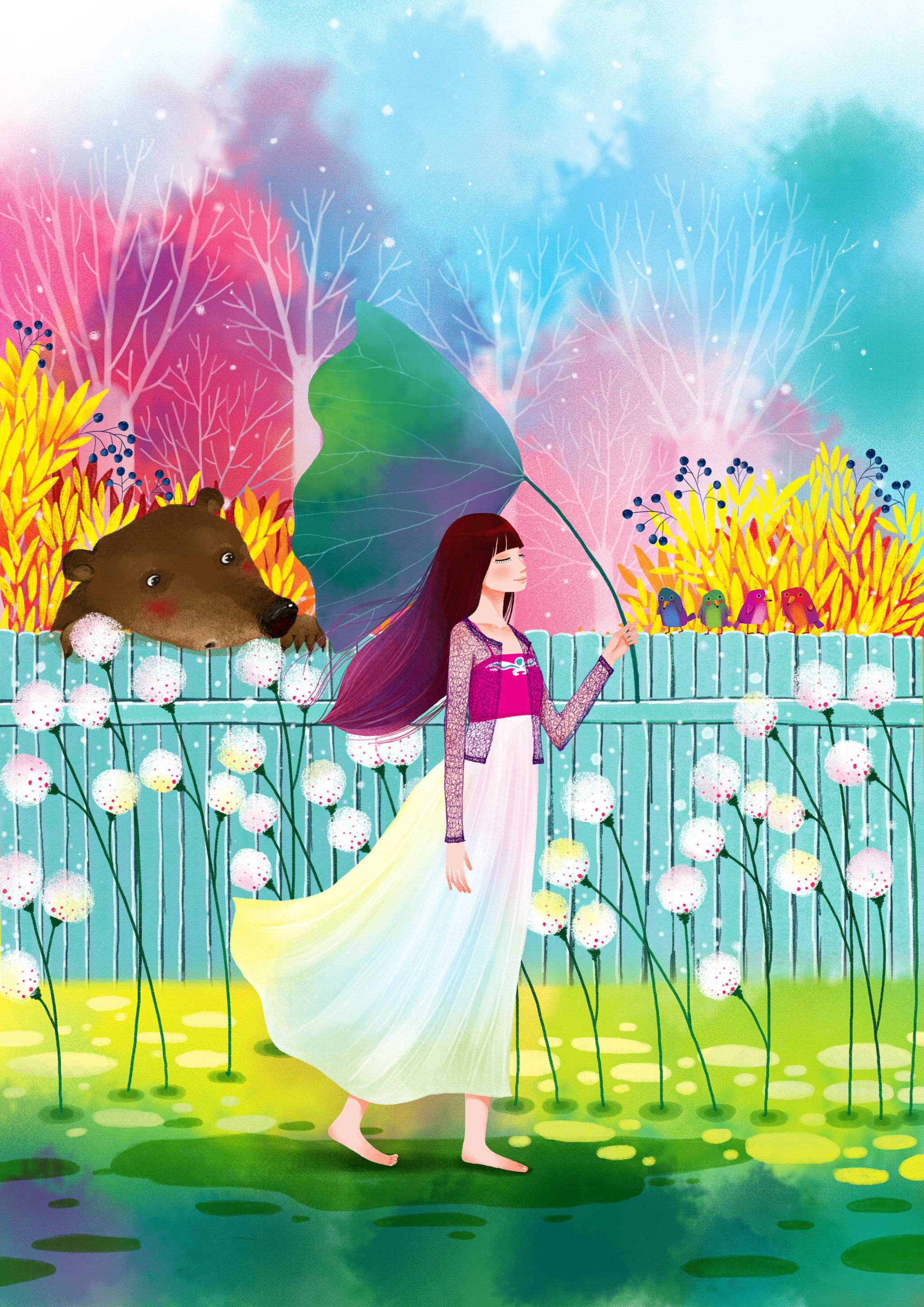 处世唯美插画系列-打着荷叶的女孩 - jing - 原创作品 - 视觉中国