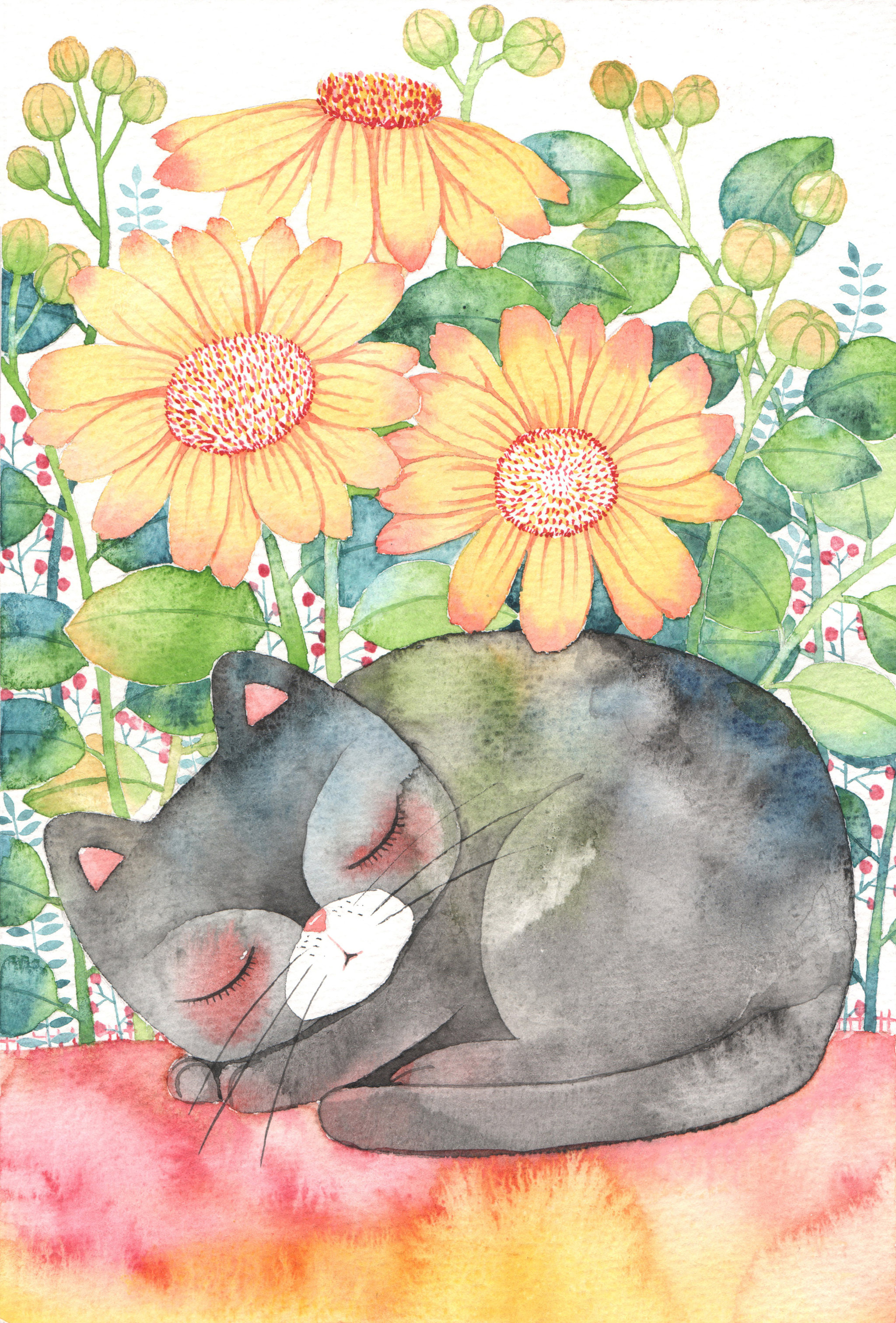 唯美动物插画系列--睡觉中的黑猫