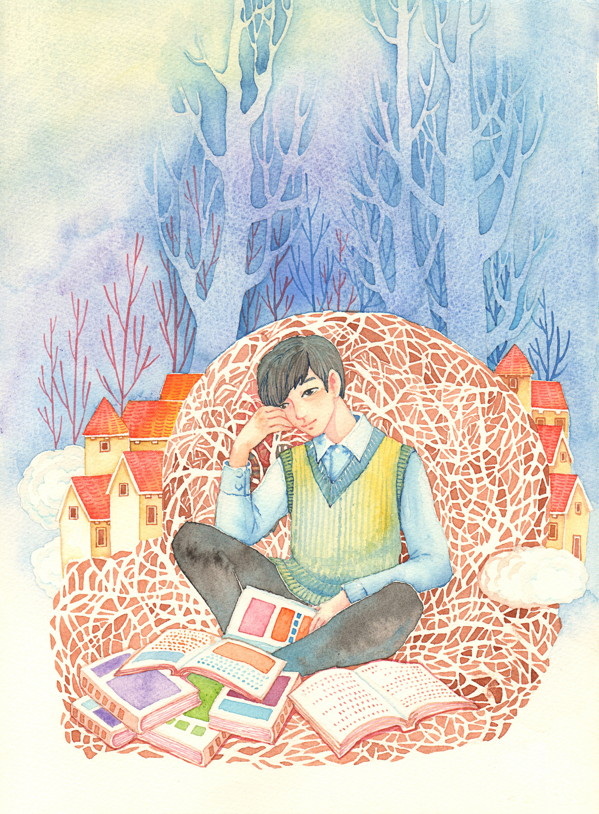 看书的男孩水彩画