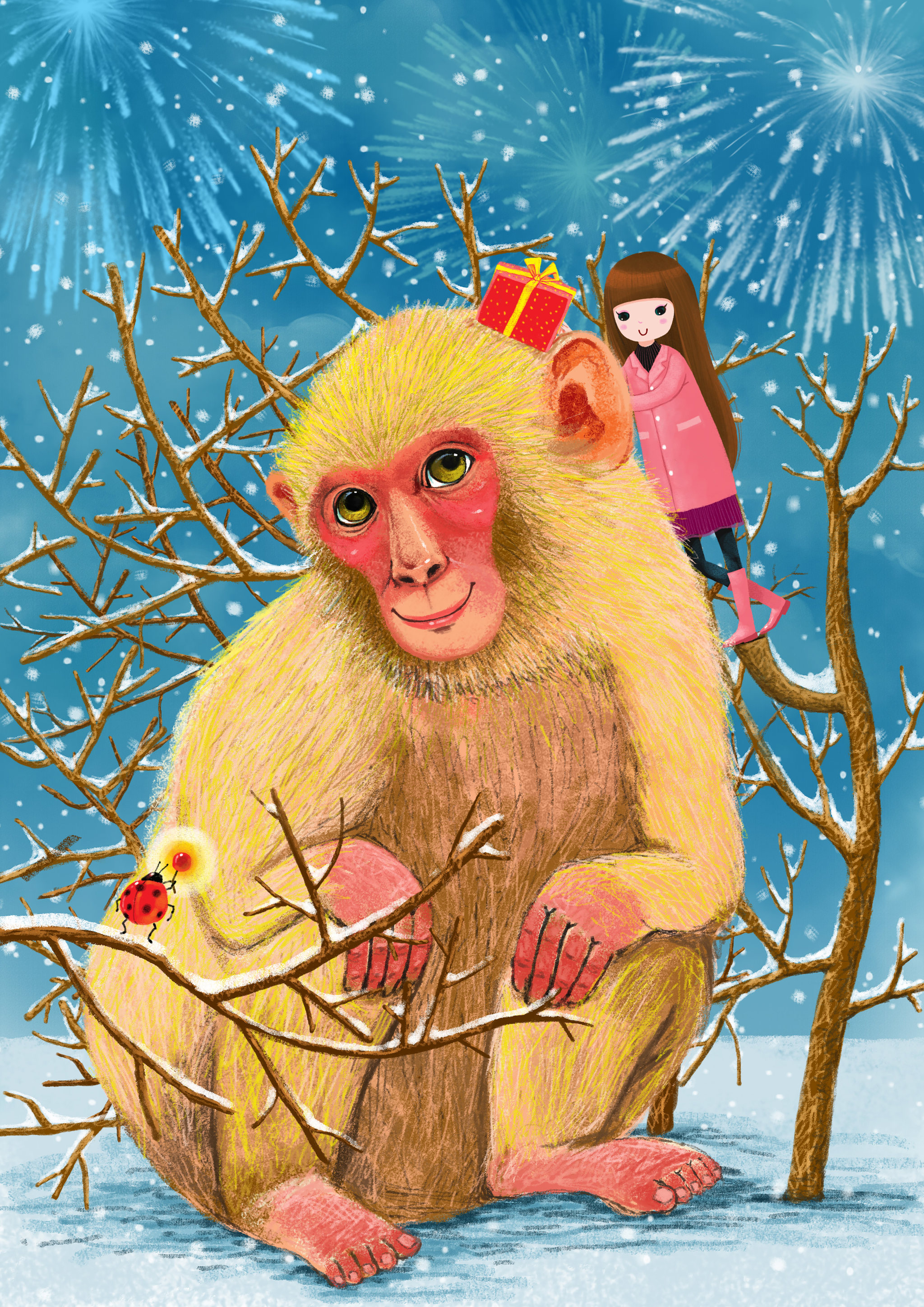 男孩女孩天地唯美童趣插画系列-女孩猴礼盒