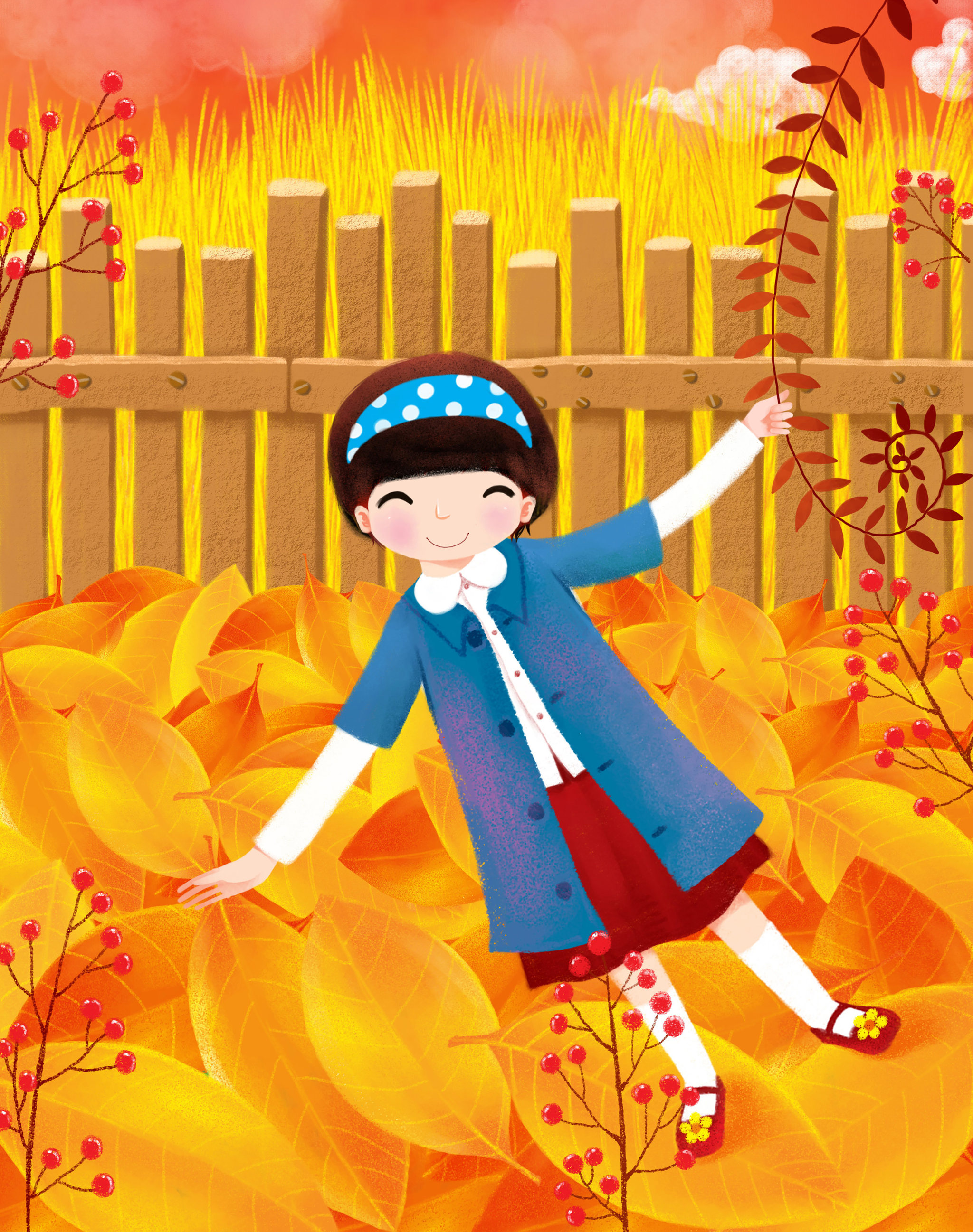 小星星童趣插画系列-落叶上跳舞的女孩