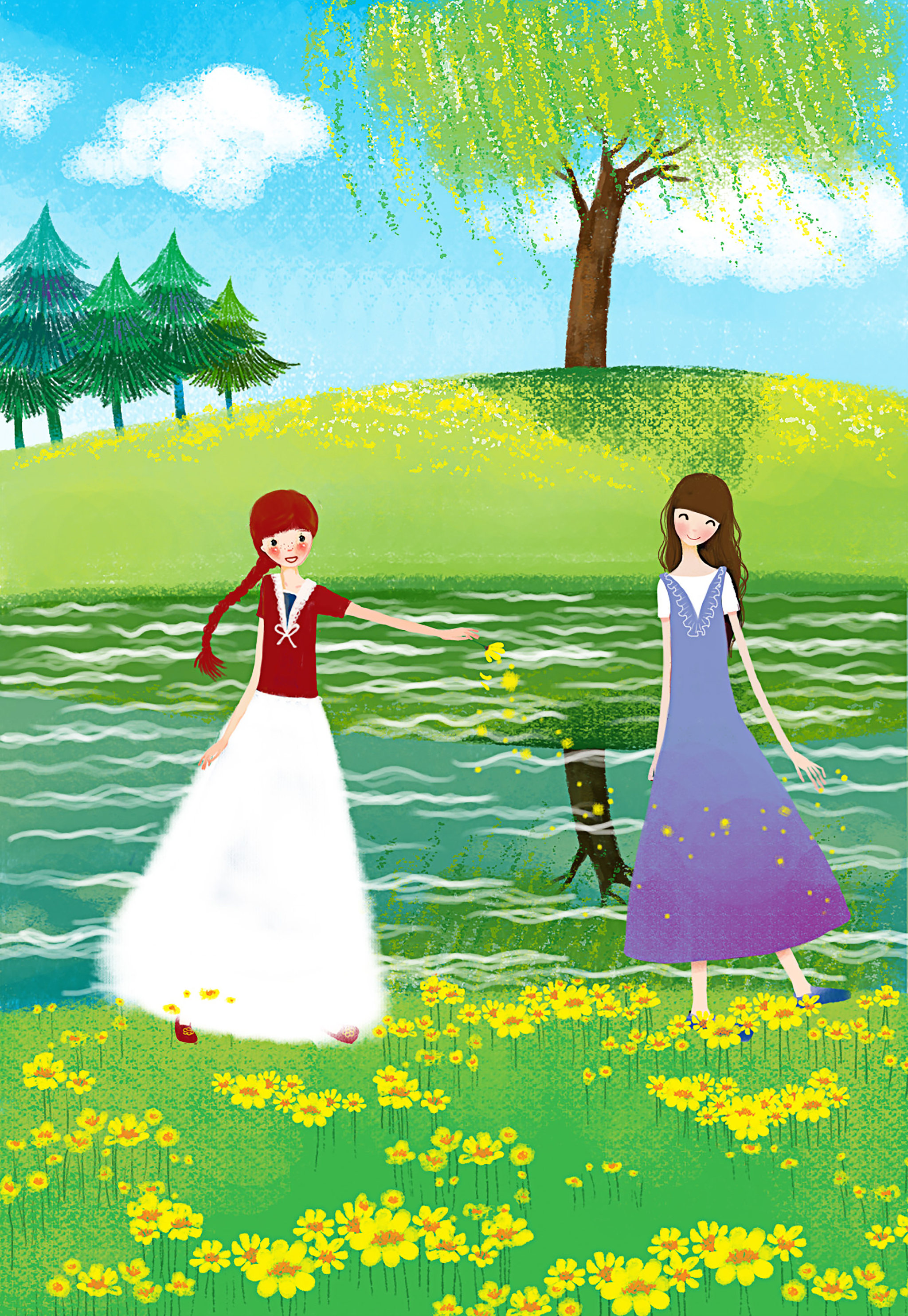 唯美青春插画系列河边的两个女孩