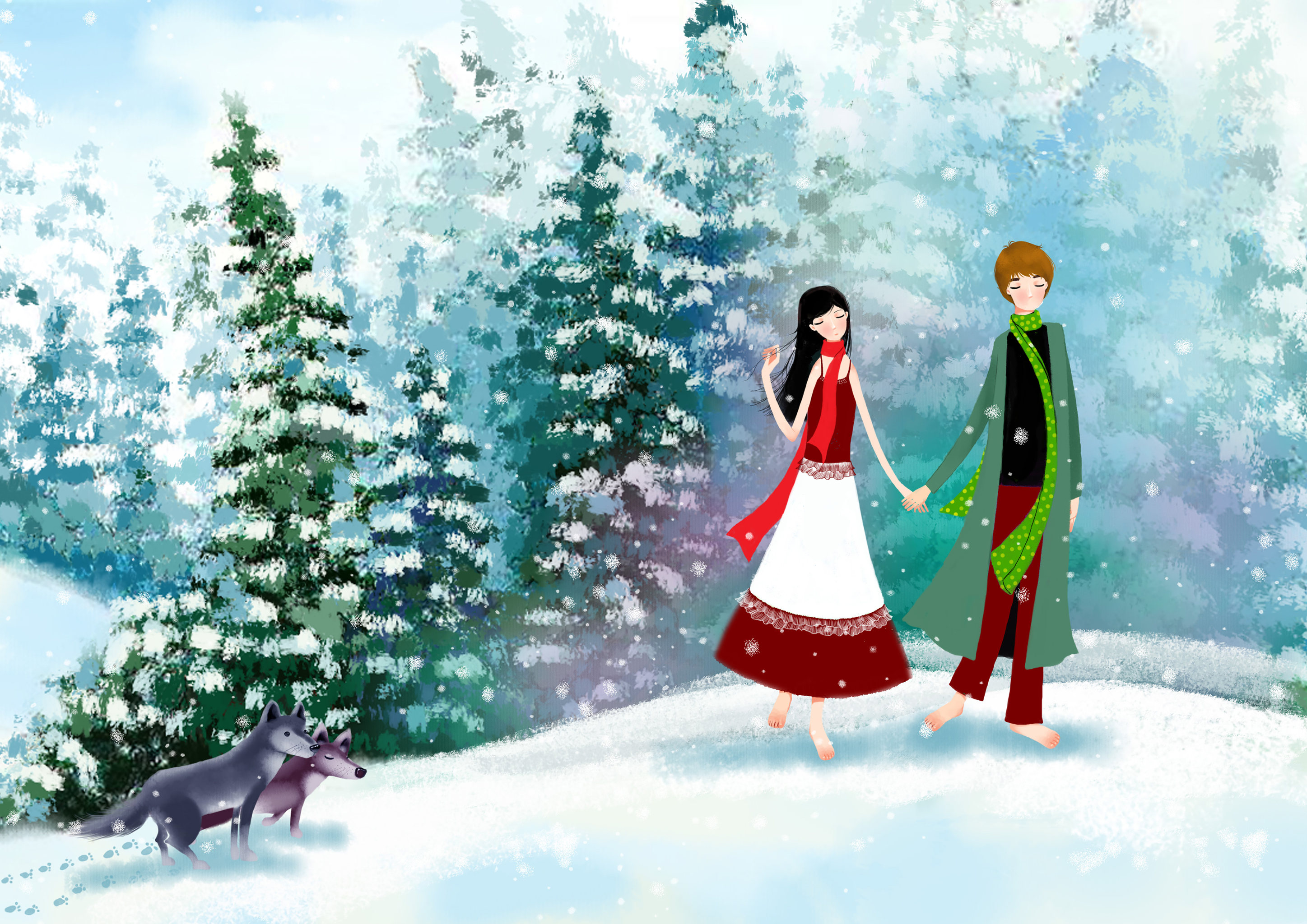 悠悠唯美插画系列-牵着手幸福的走