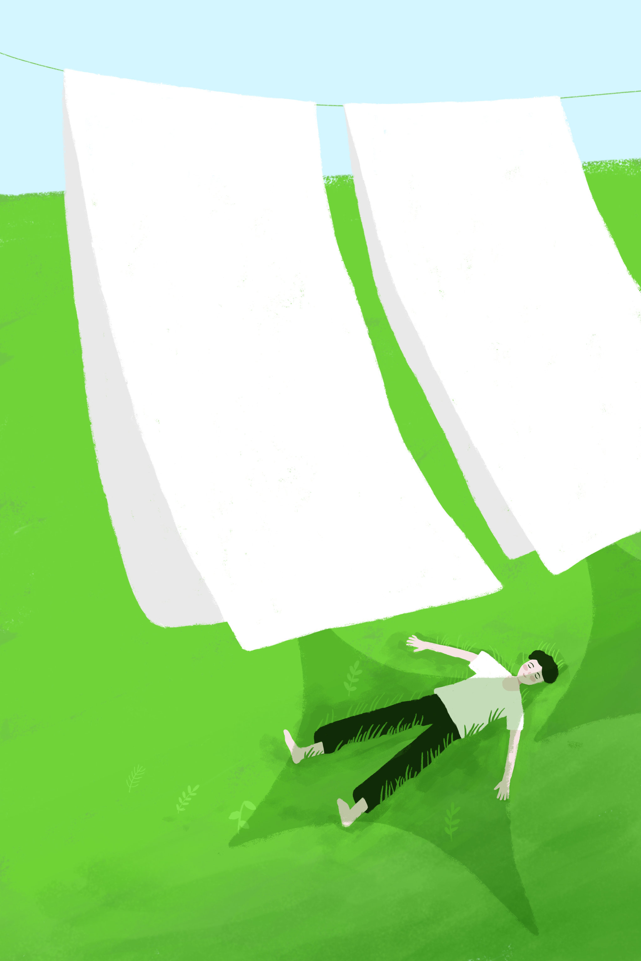 夏天晒床单插画