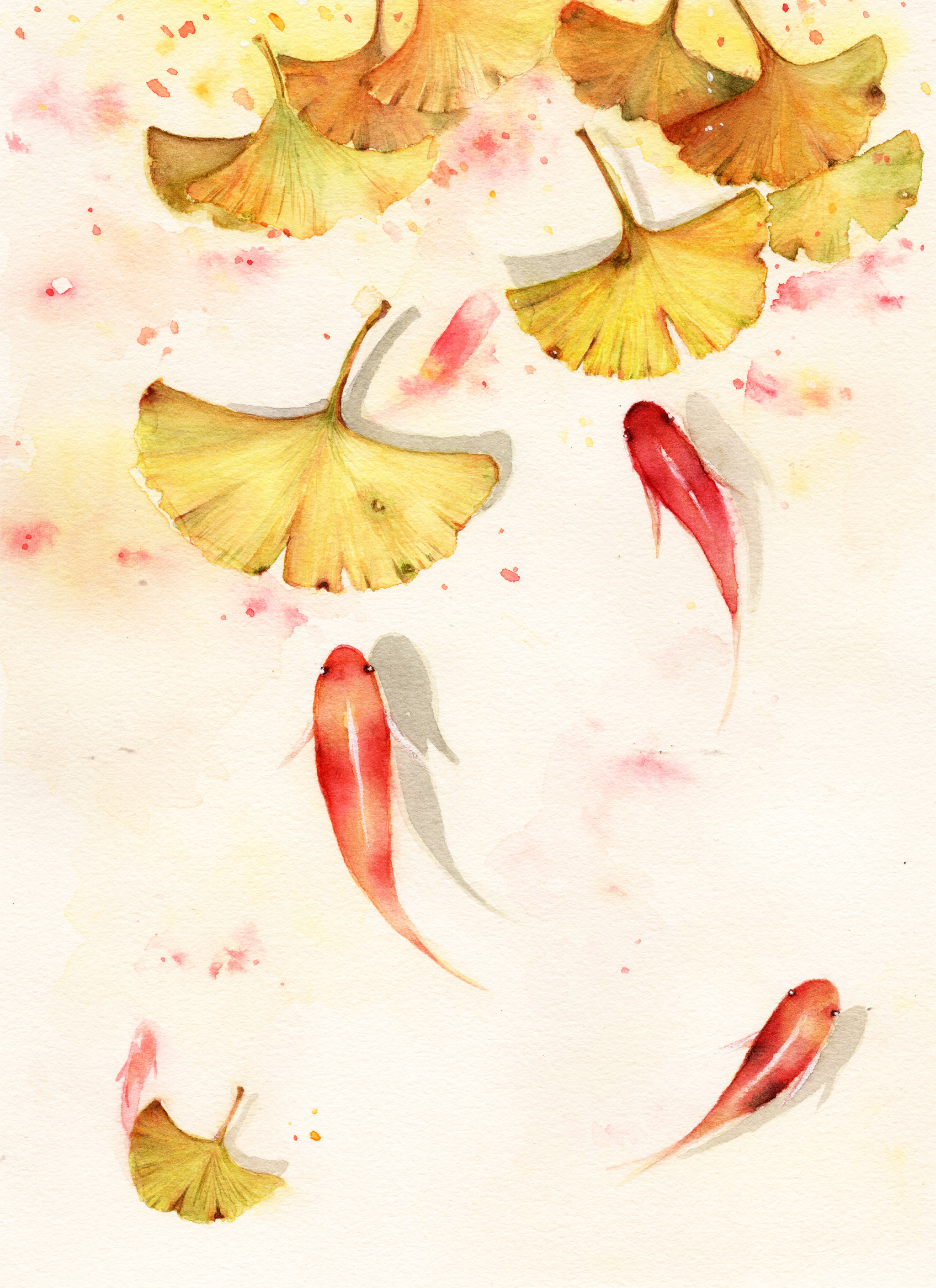 水彩手绘清新自然红锦鲤鱼群银杏荷塘装饰暖色系红色黄色原创插画