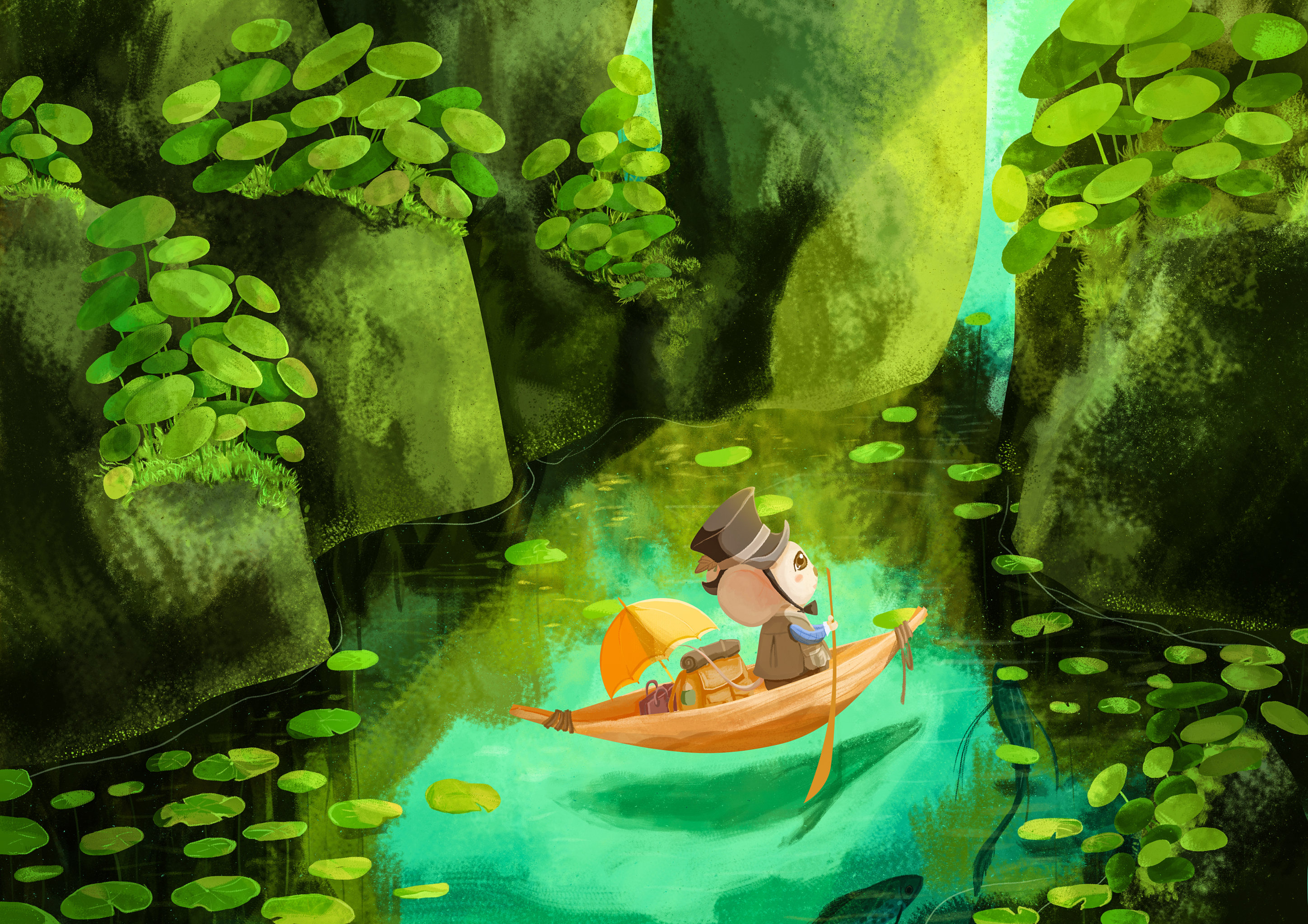 春天在山峰中深潭上划船旅行的小白鼠手绘插画