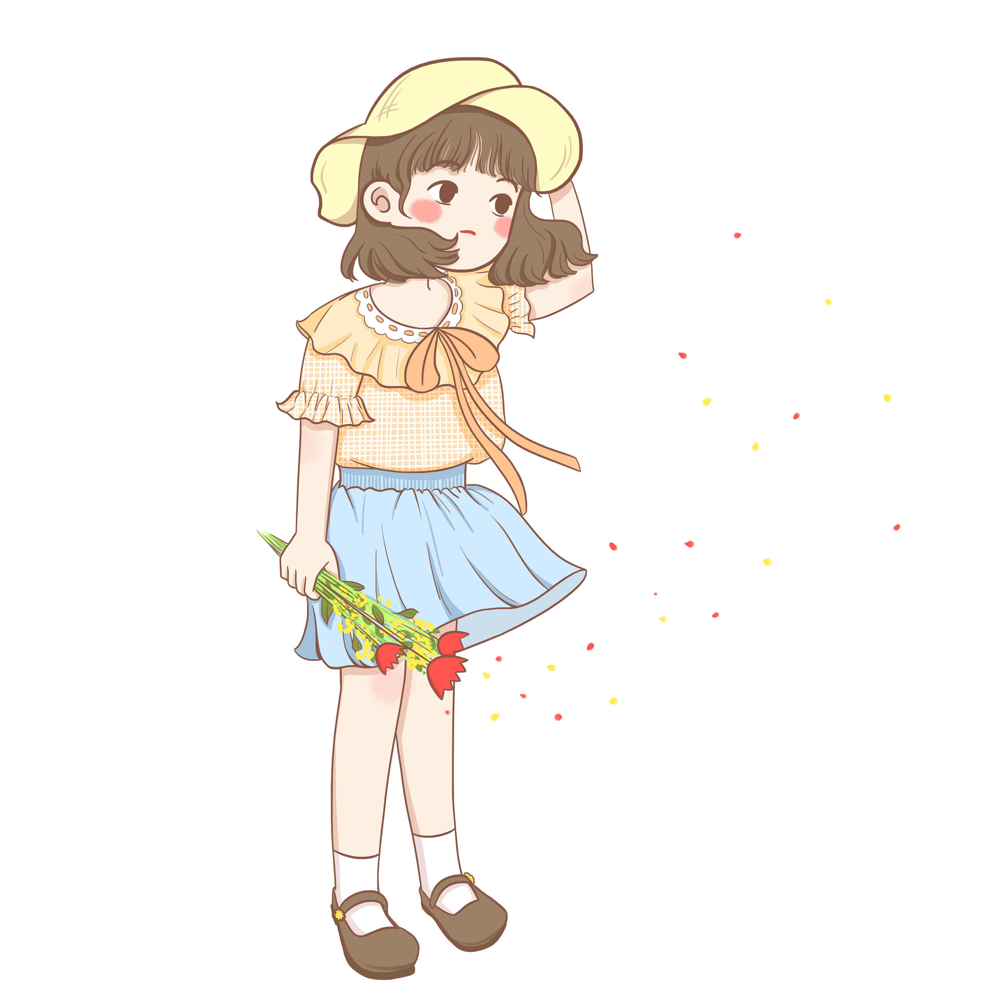 可爱女孩手拿鲜花插画